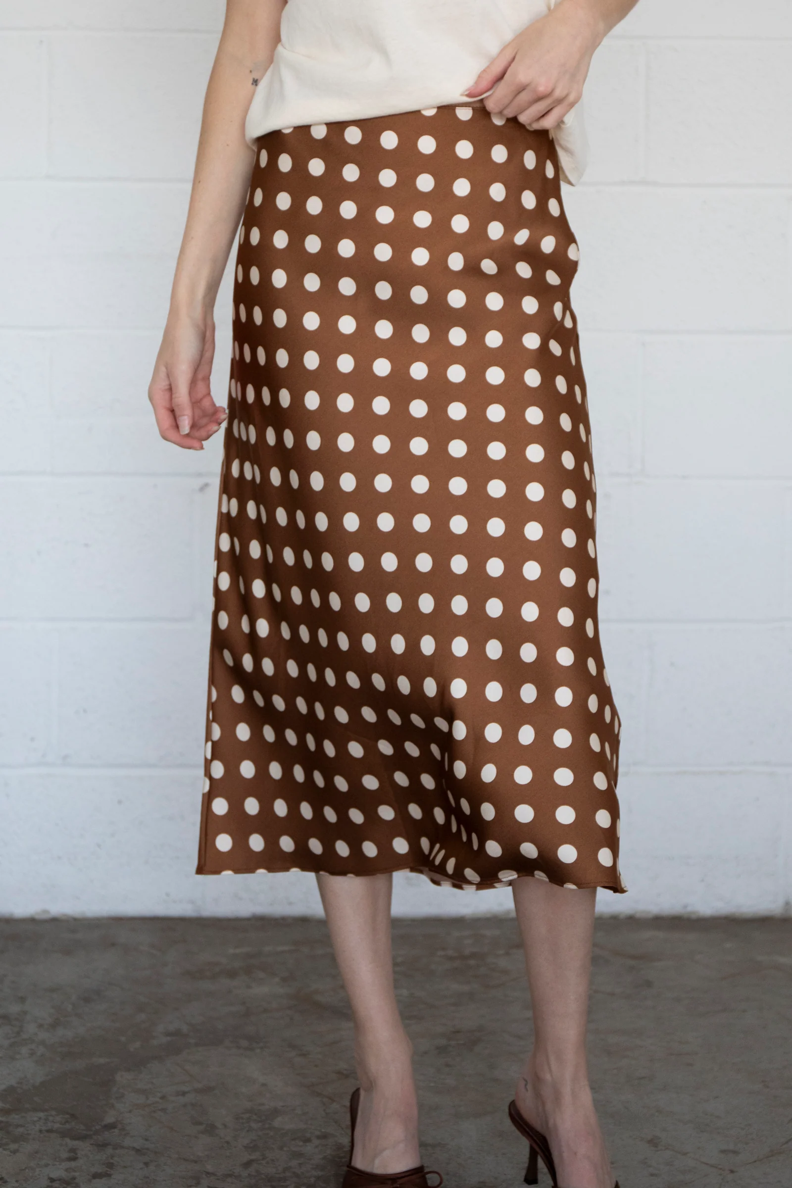 Brown Polkadot Midi Skirt