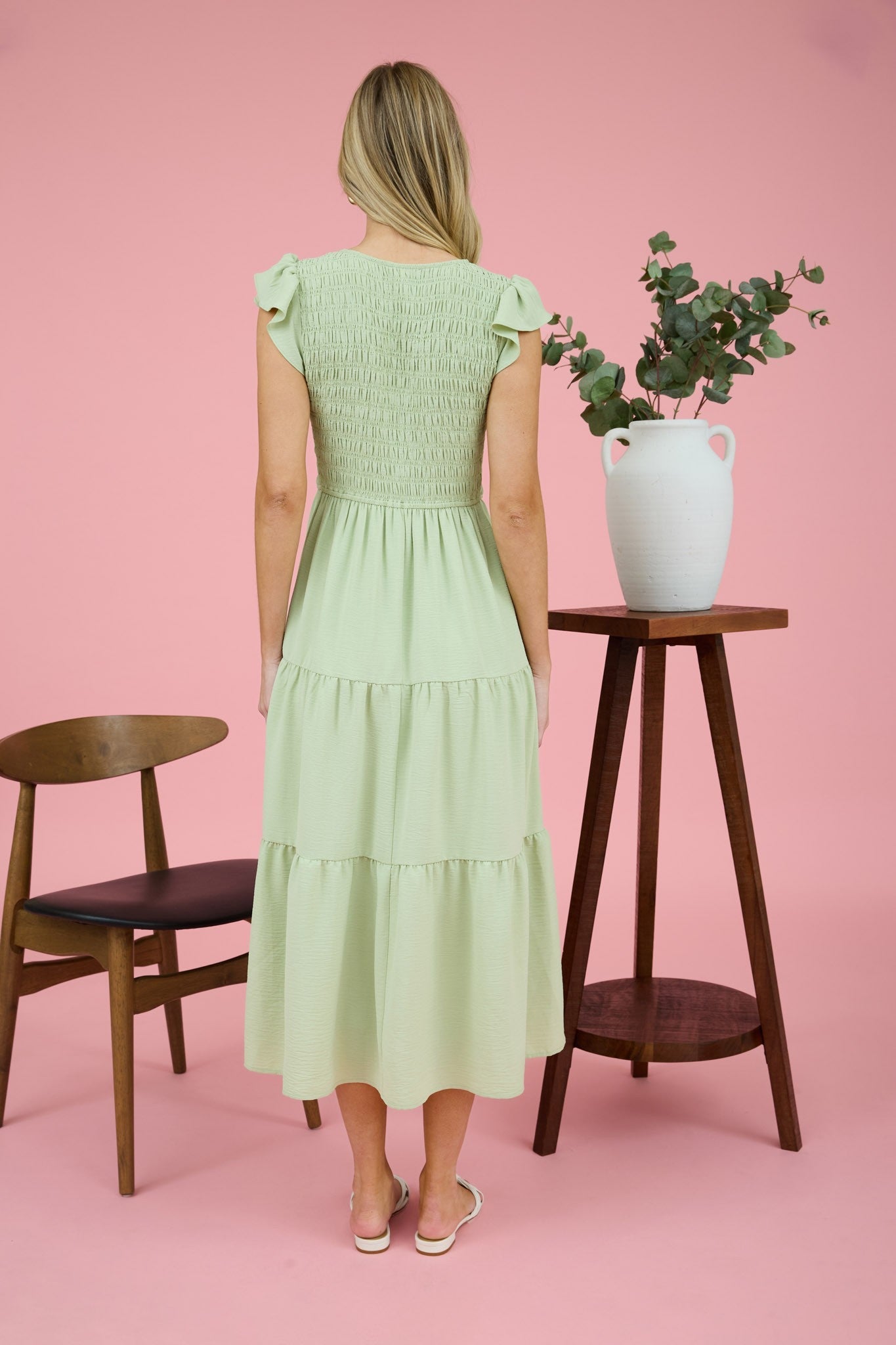 Tiered V-Neck Cap Sleeve Midi Dress