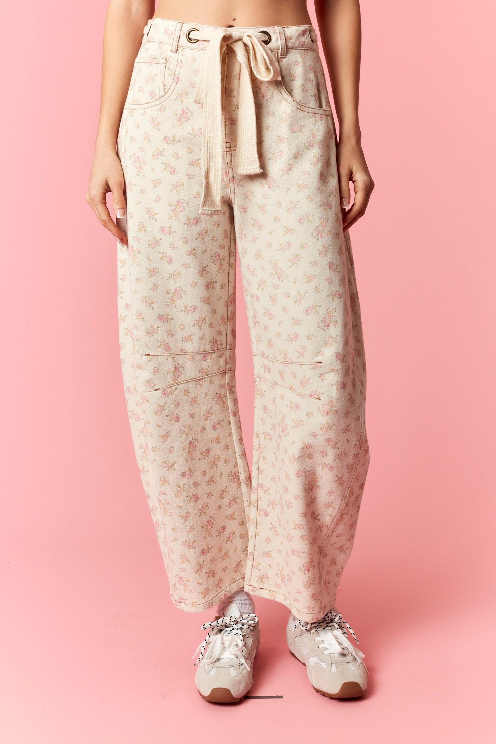 Pink Ditsy Floral Barrel Leg Denim Pants with Tie