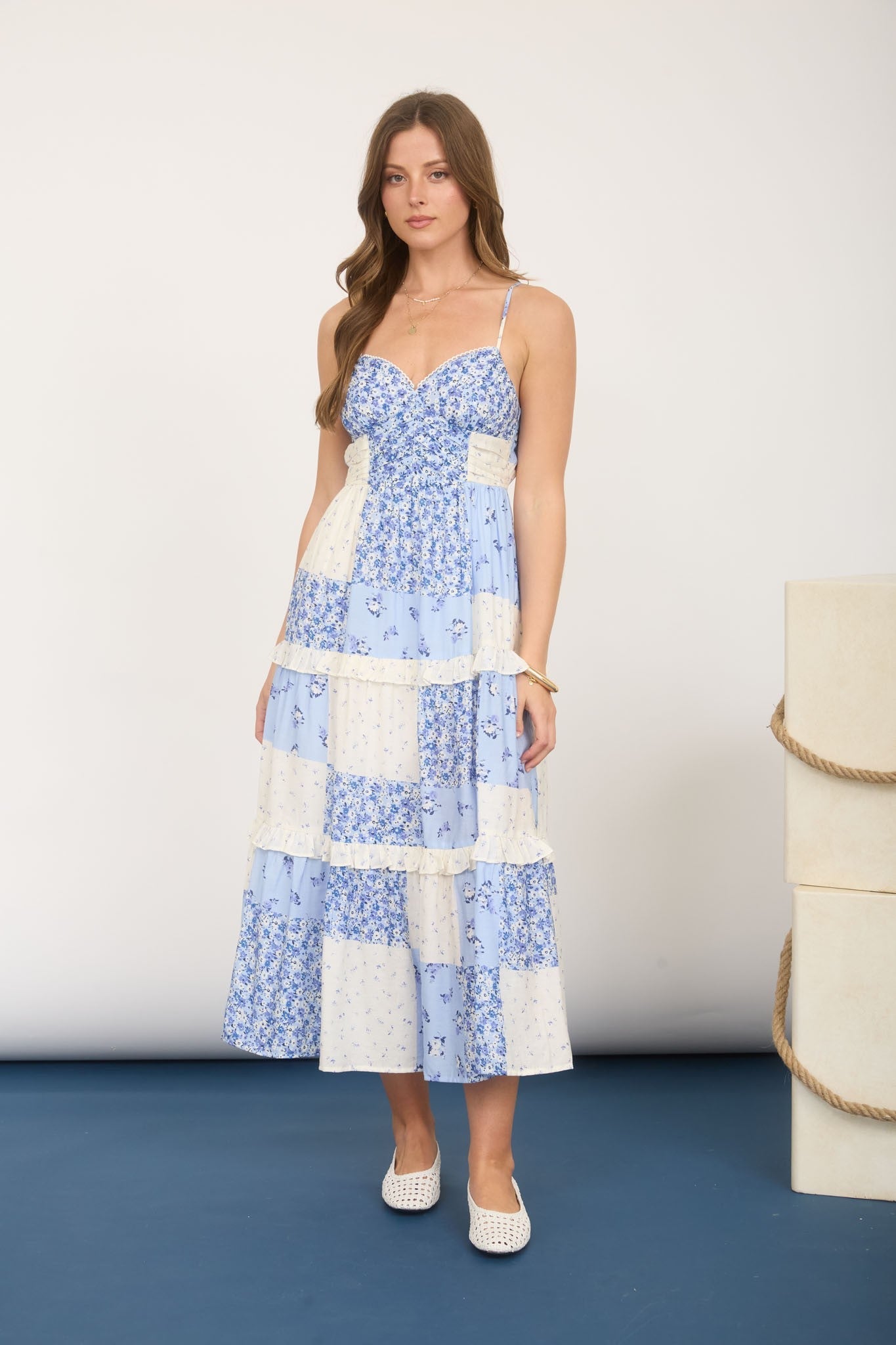 Blue Multi Checkered Pattern Midi Dress