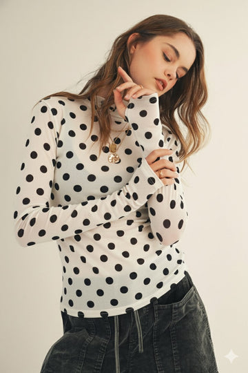 Ivory Polka Dot Printed Mesh Top
