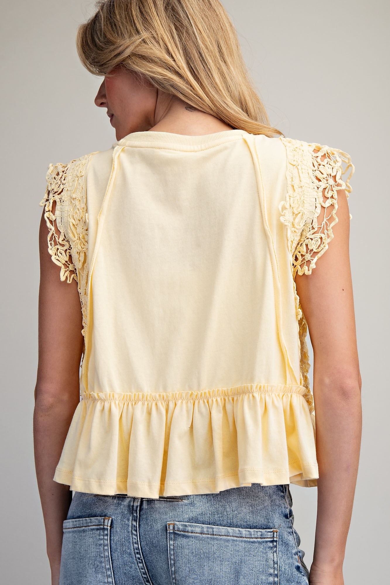 Pink Side Lace Trim Ruffle Hem Top