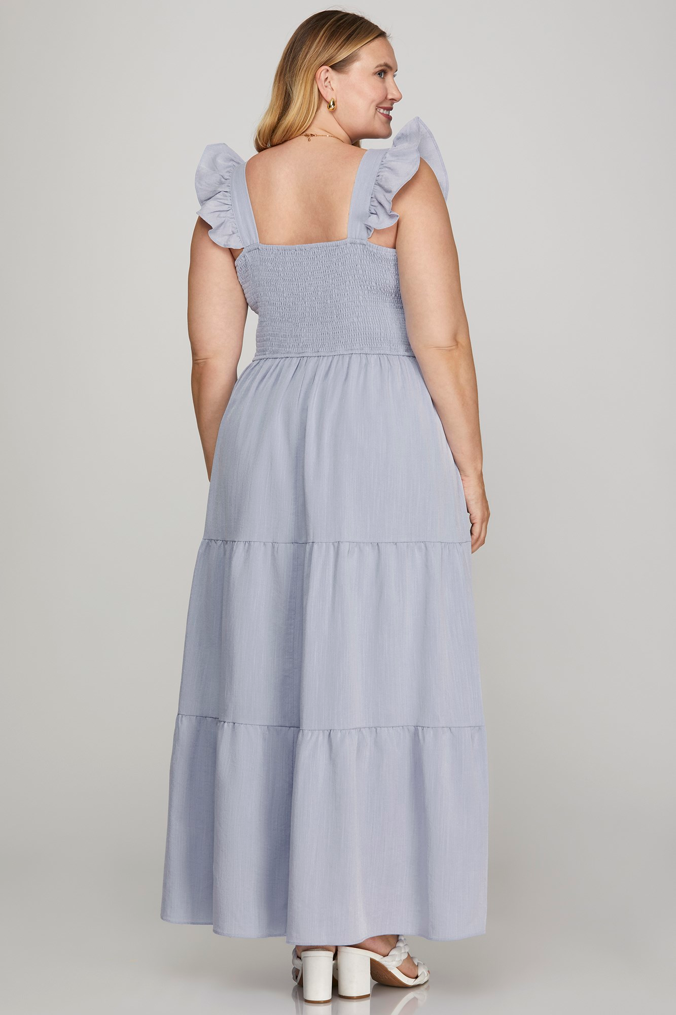 Curvy Square Neck Ruffled Sleeve Tiered Maxi Dress