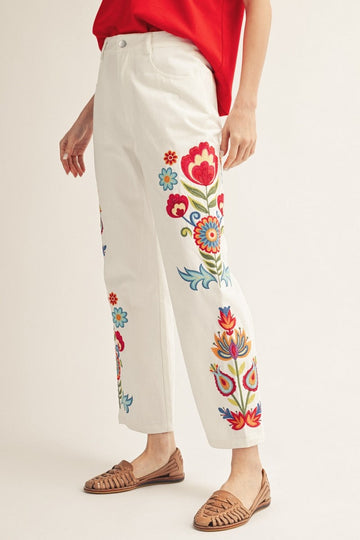 White Floral Embroidered Pants