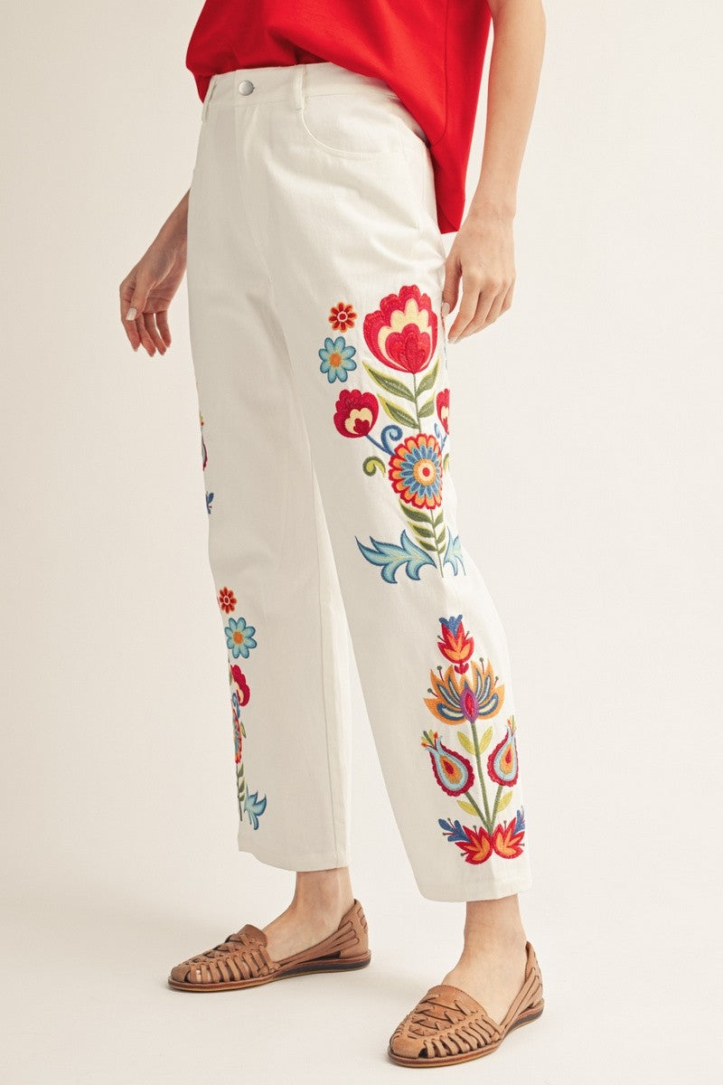 White Floral Embroidered Pants