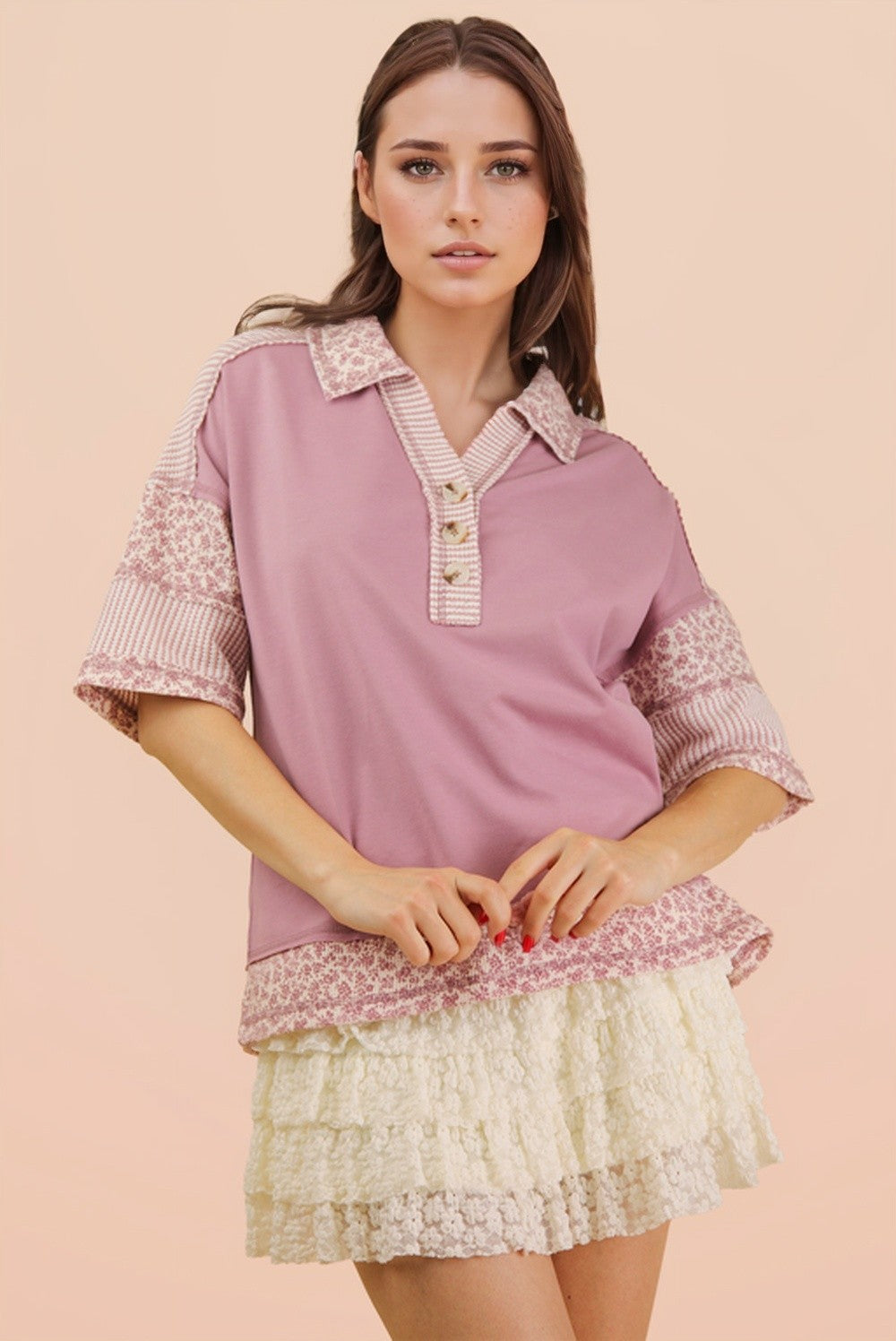 Curvy Floral Half Button Down Collared Top