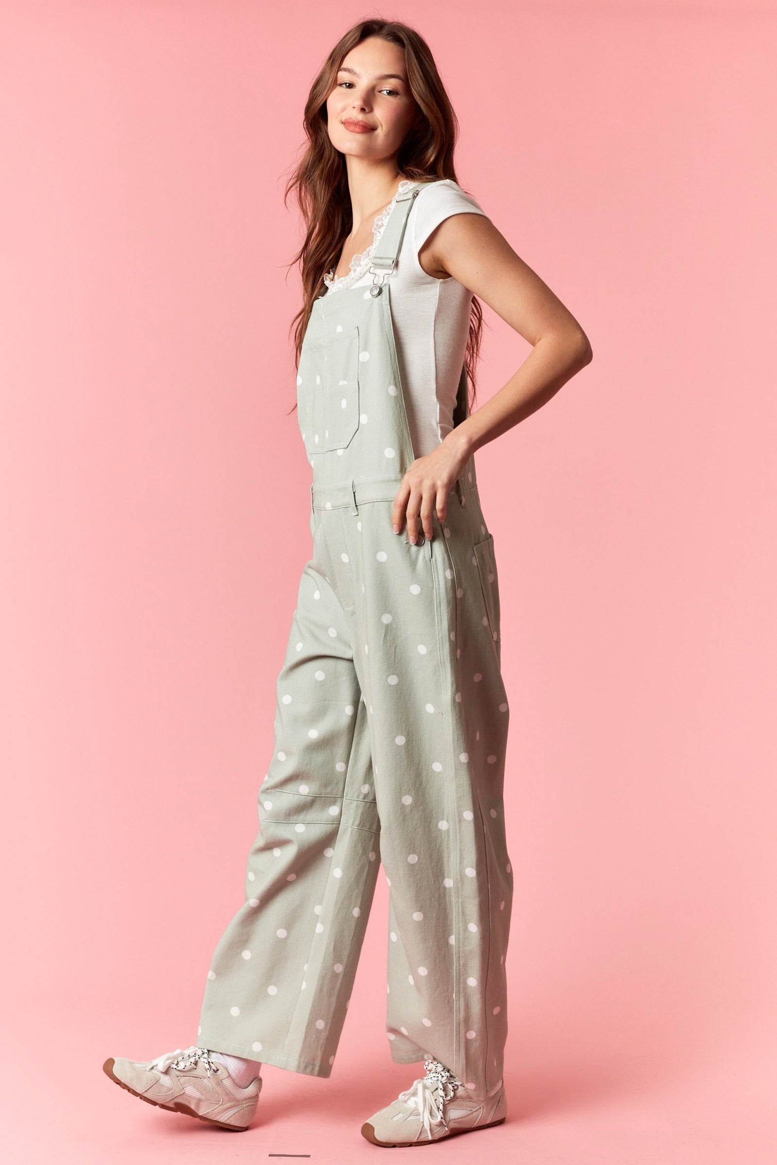 Sage Polka Dot barrel Leg Overalls