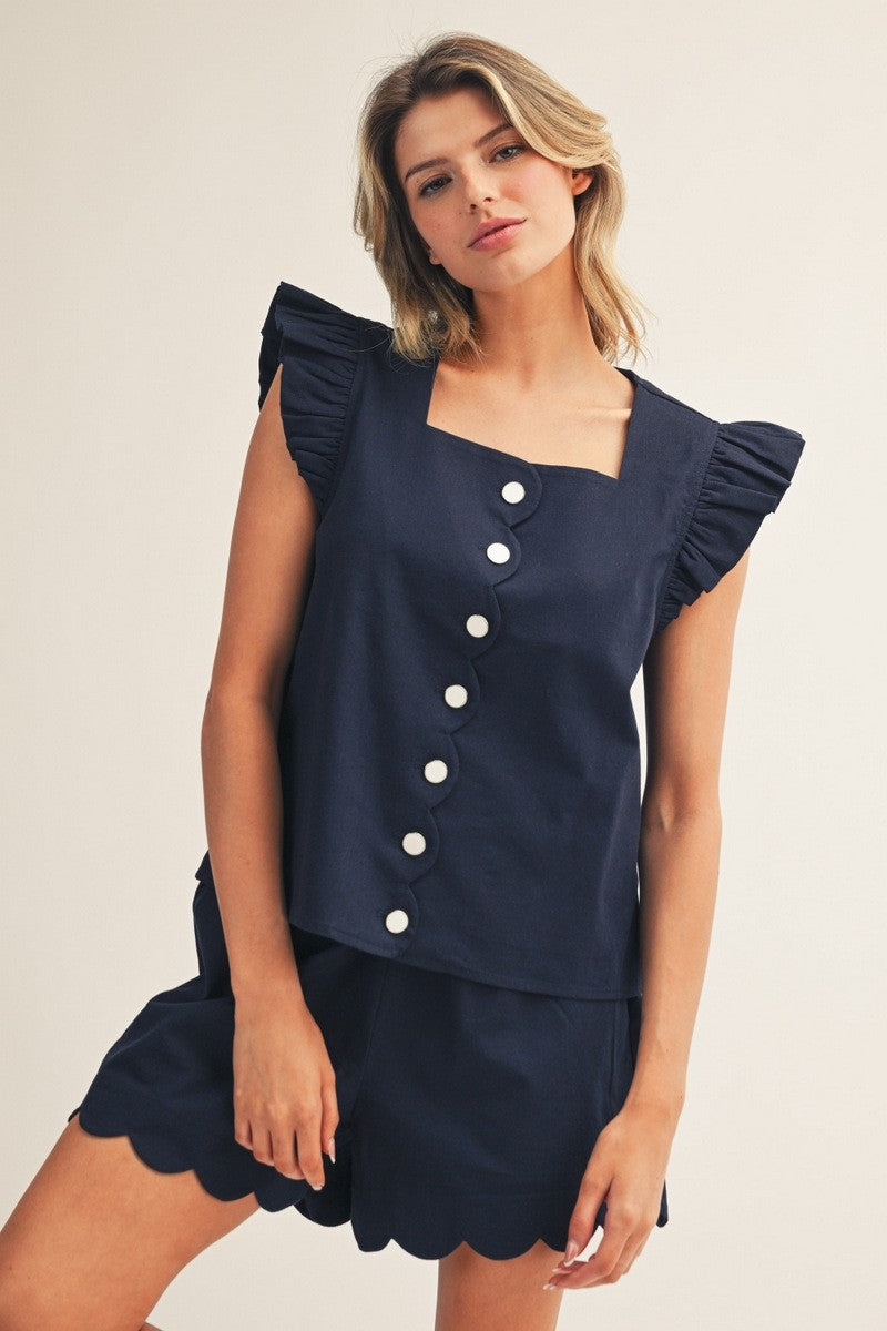 Navy Button Front Ruffle Sleeve Top
