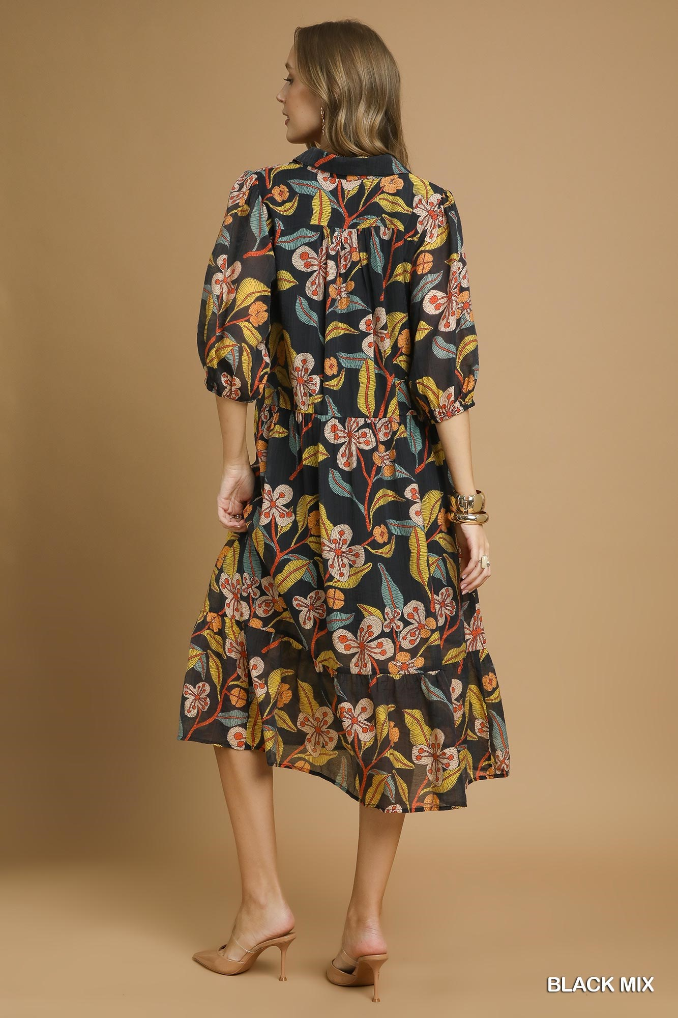Black Floral Tiered Midi Dress