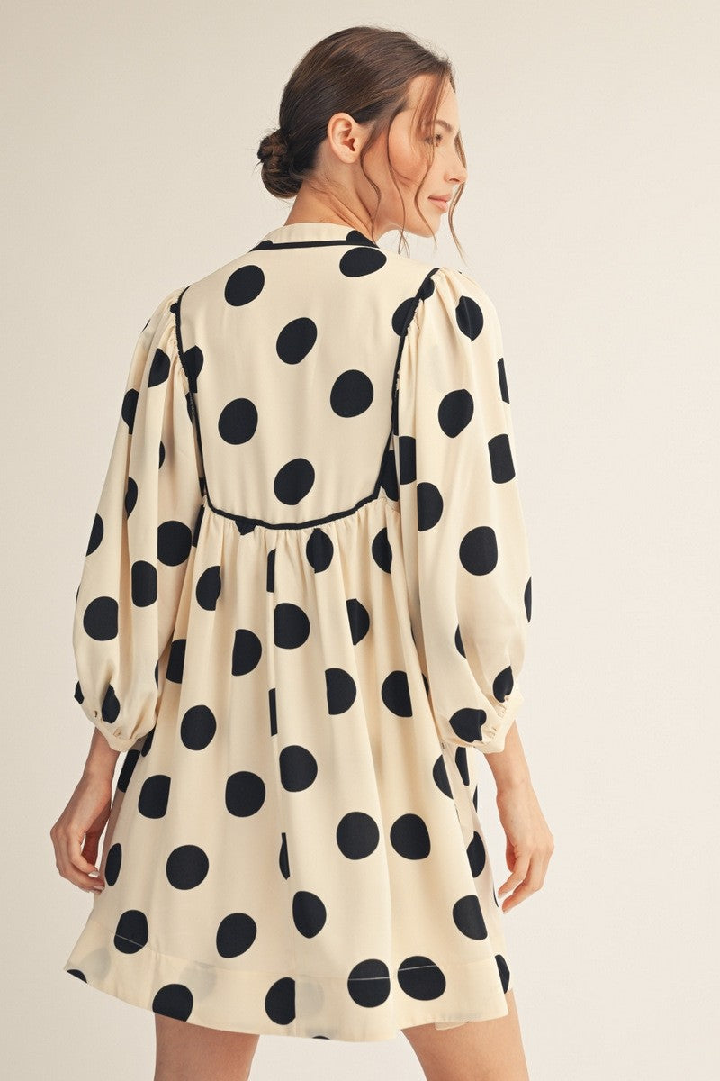 Cream 3/4 Sleeve Polka Dot Dress