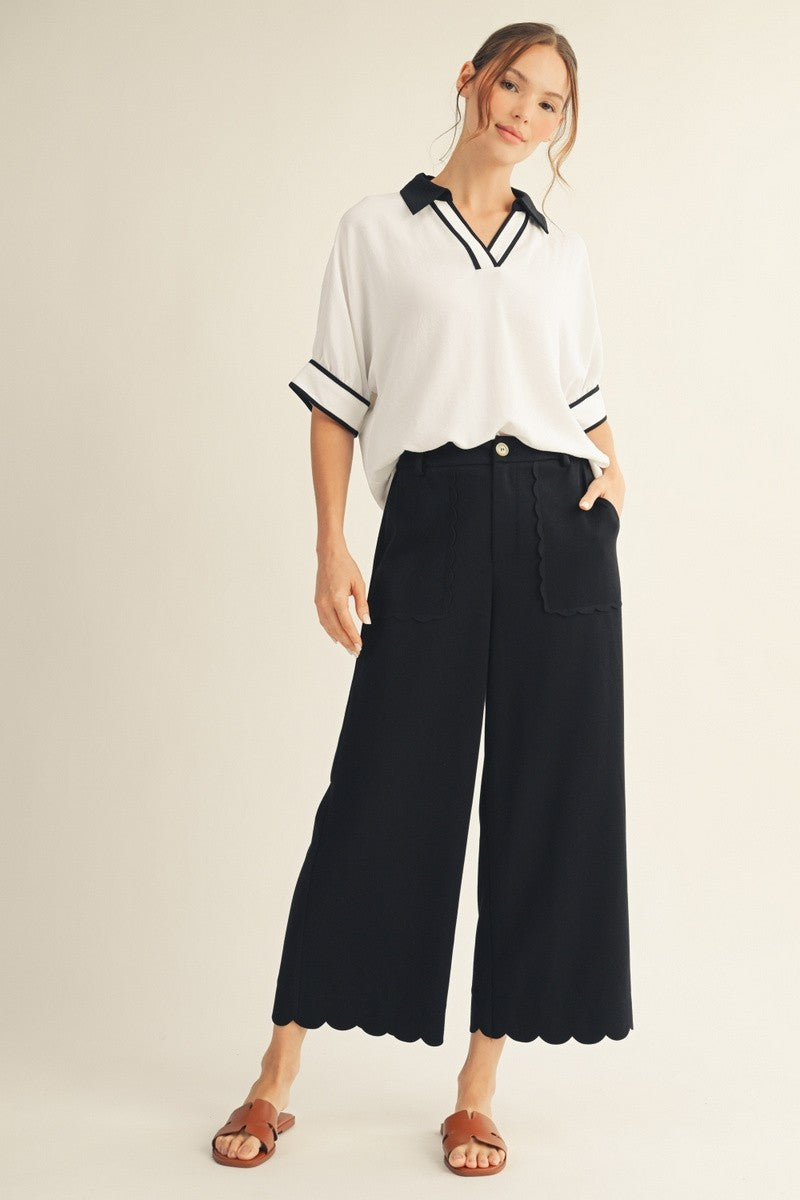 Black High Waist Scallop Hem Pants