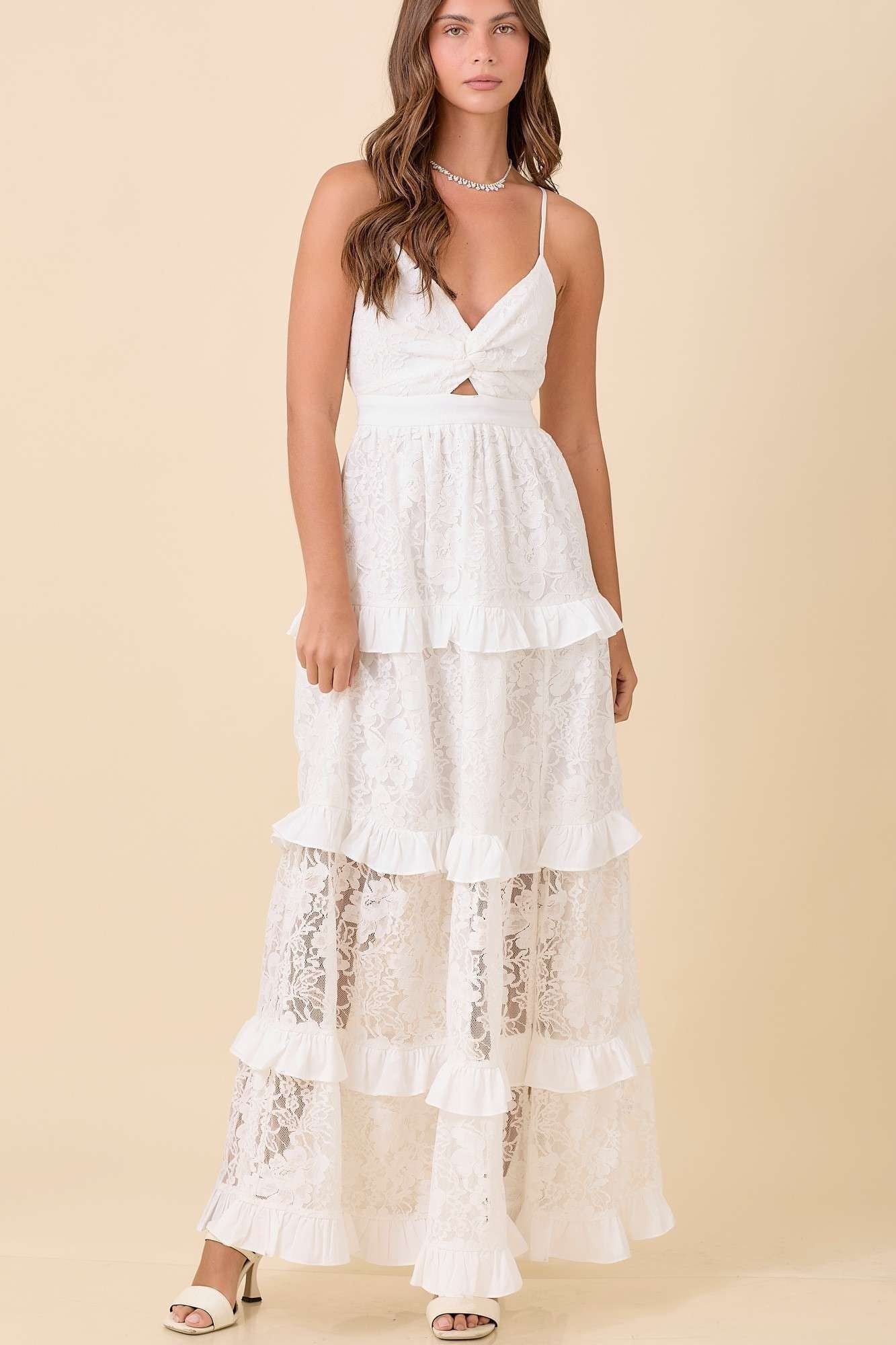White Lace Tiered Spaghetti Strap Maxi Dress