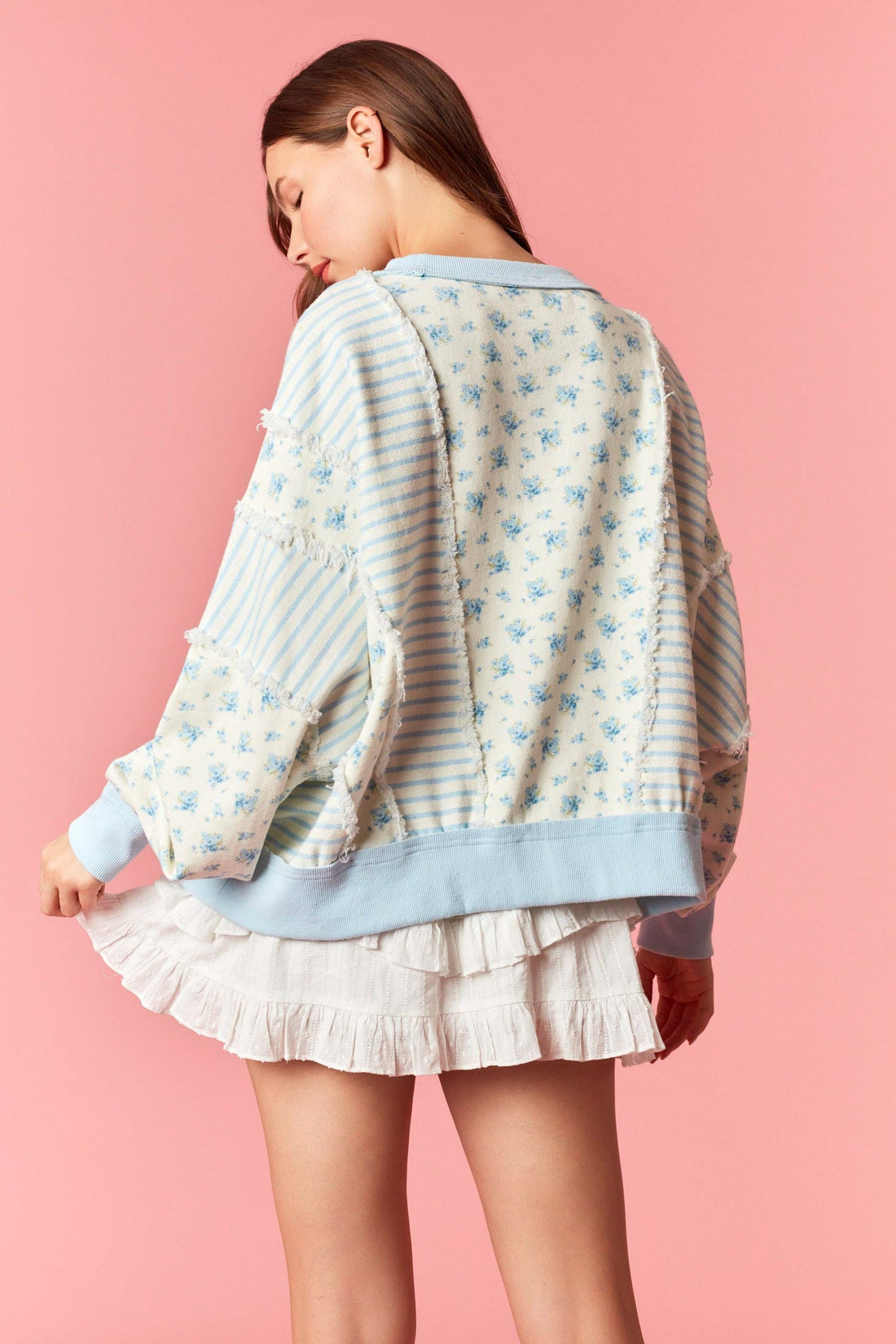 Blue Ditsy Floral and Striped Crewneck