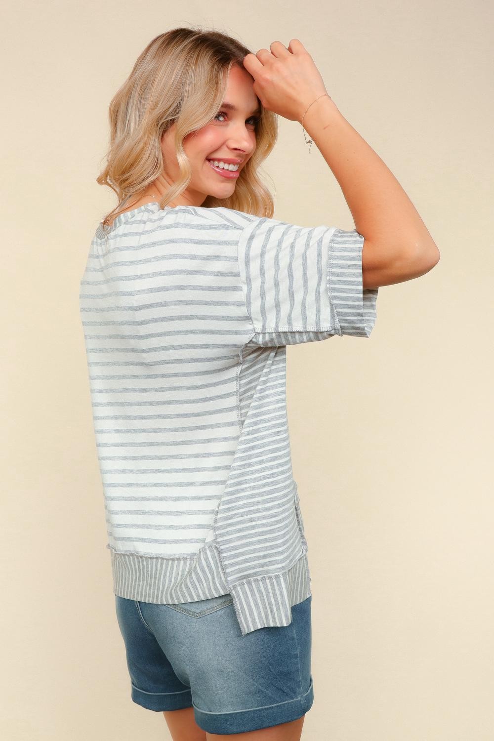 White & Gray Round Neck Short Sleeve Striped Top
