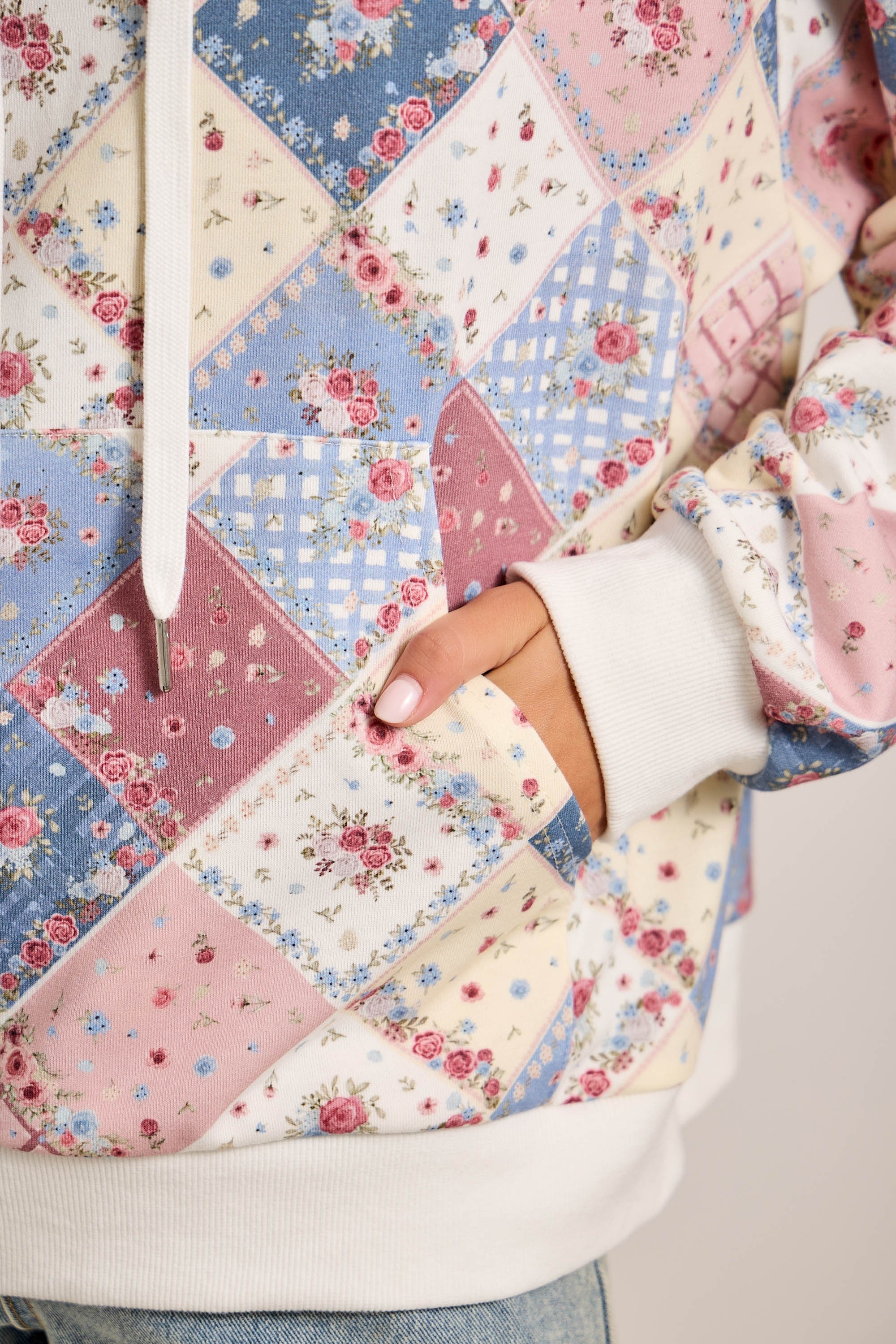 Blue and Pink Floral Patchwork Hoodie