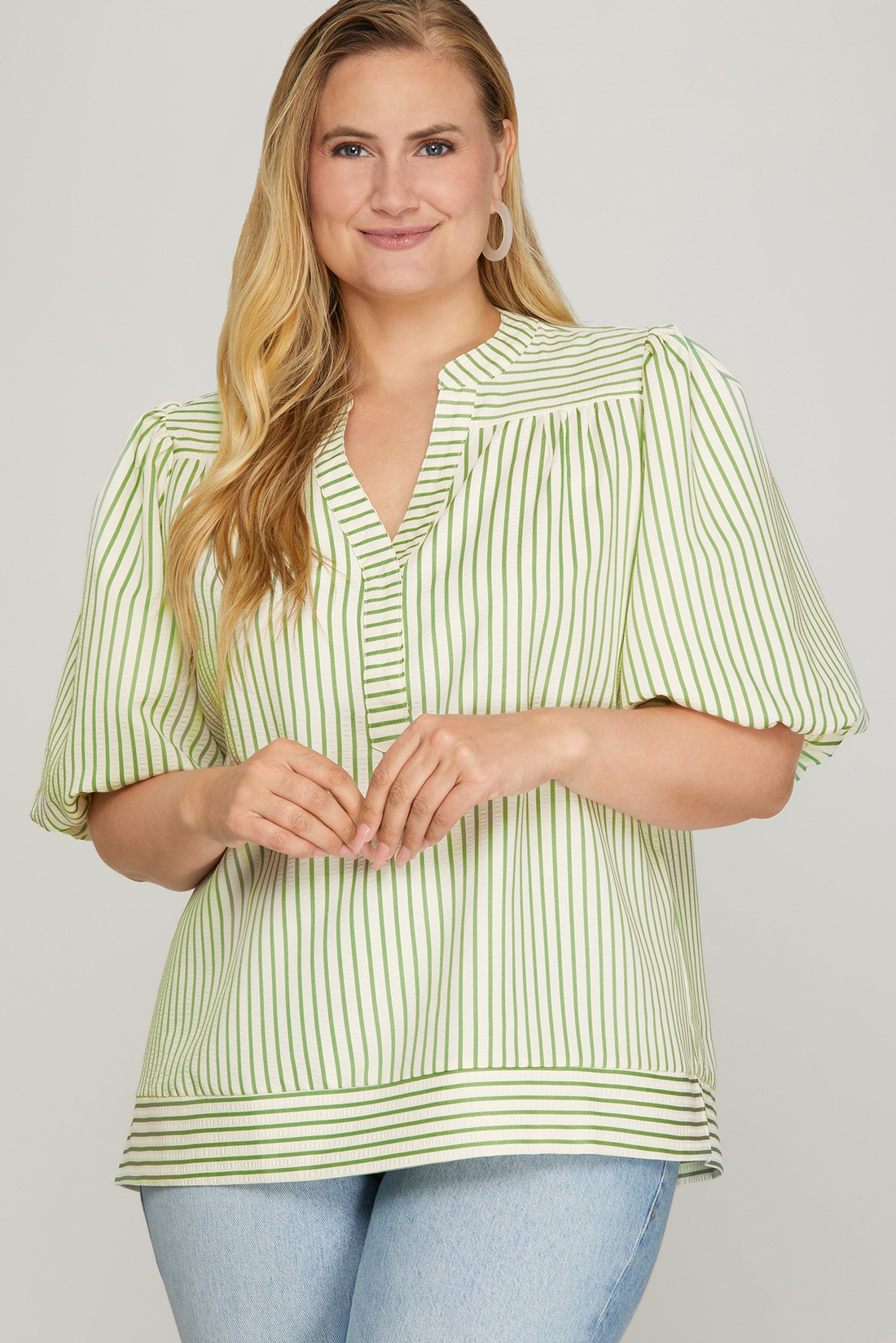 Curvy Sage Striped Bubble Sleeve Top