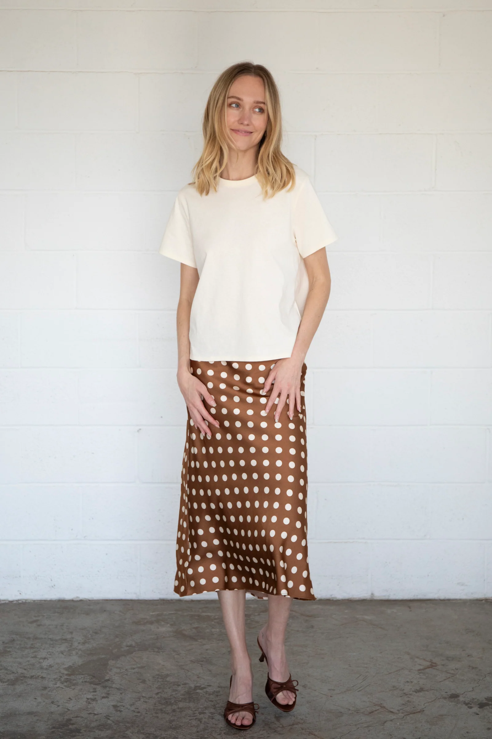 Brown Polkadot Midi Skirt