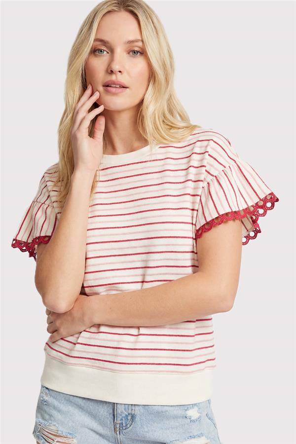 Striped Embroidered Round Neck Top