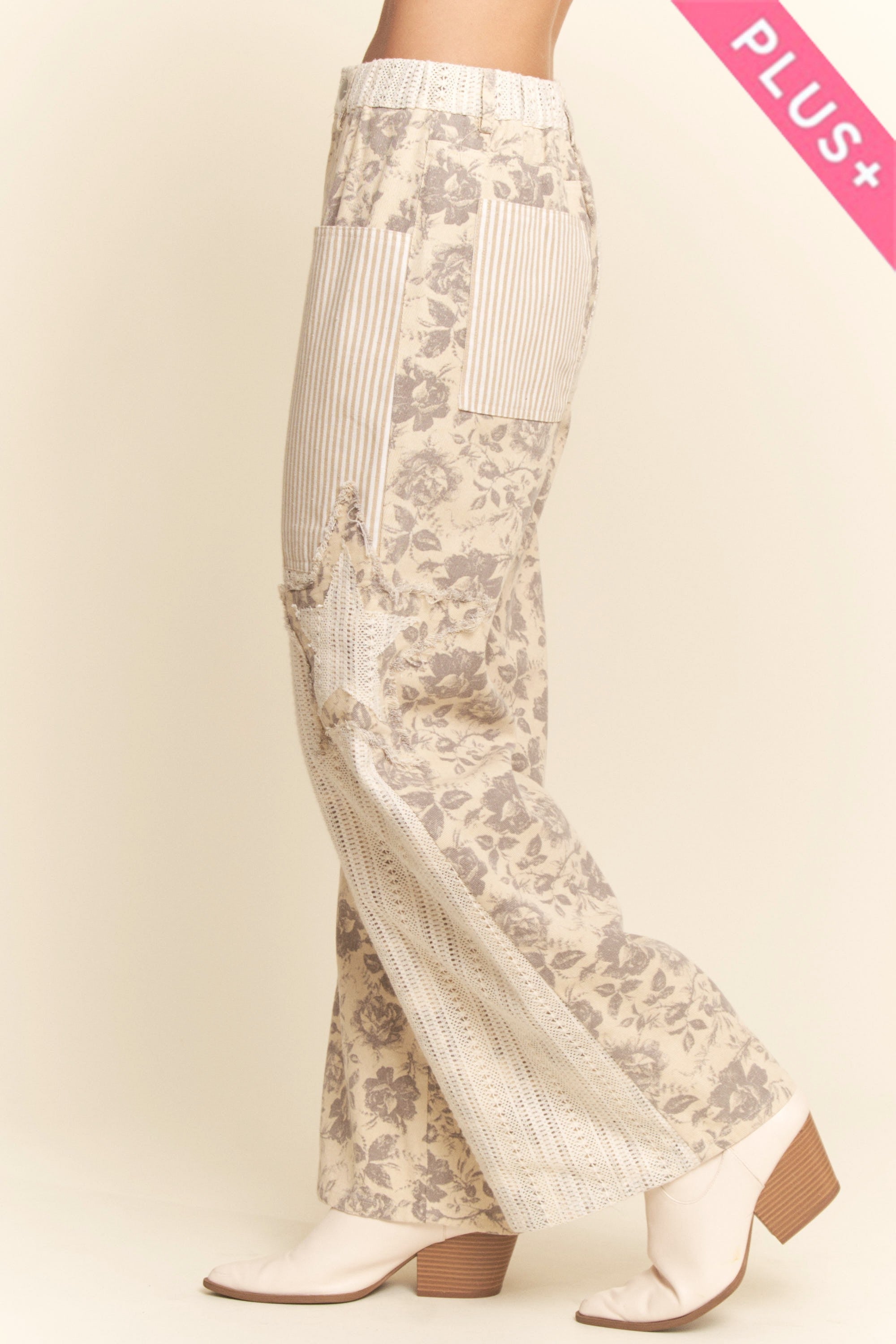 Curvy Taupe Floral and Stripe Pants
