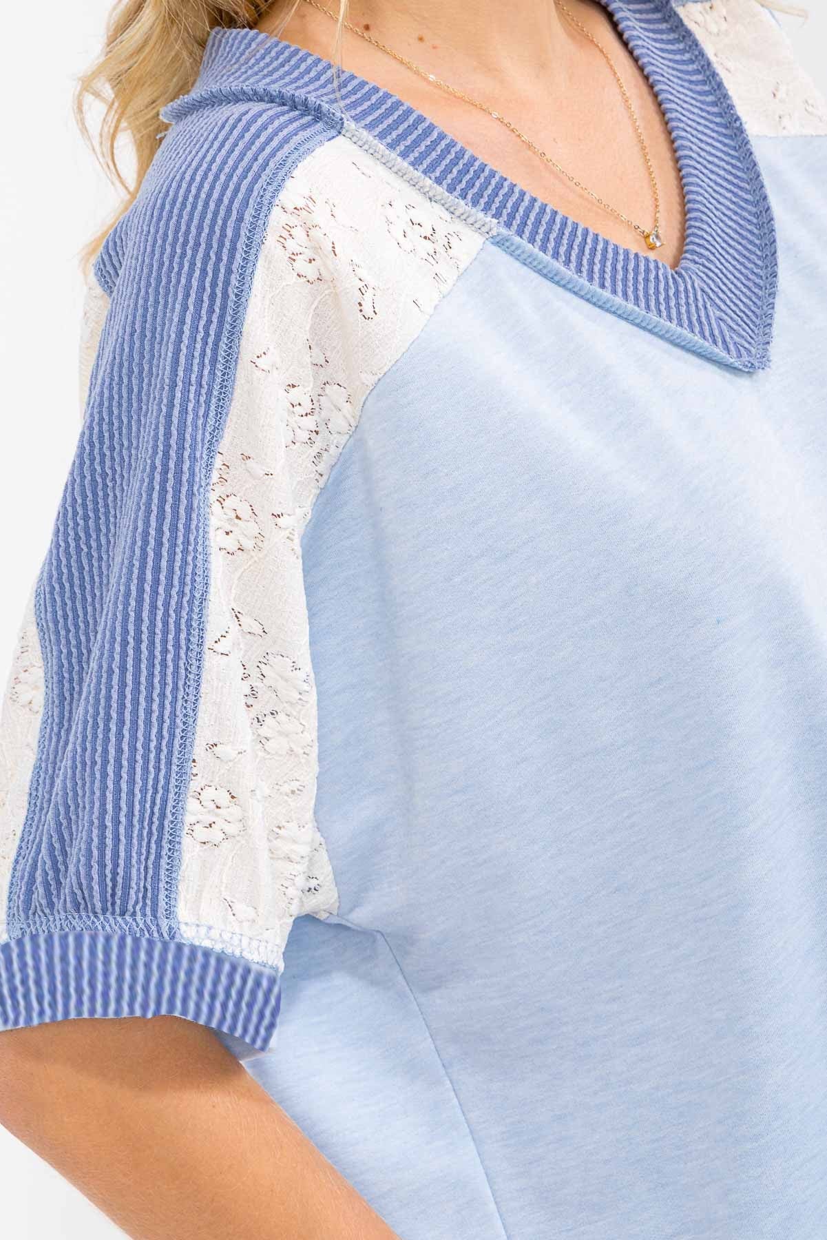 Blue Lace and Ribbed Detail Top