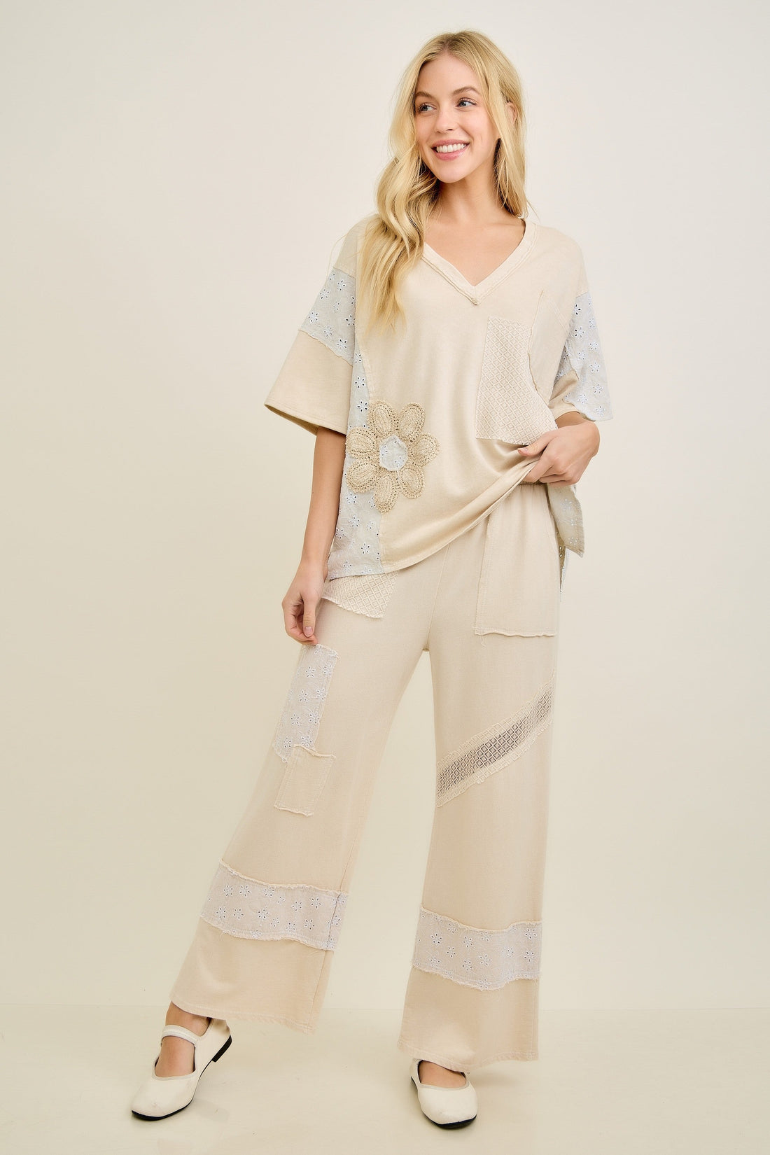 Beige Patchwork and Floral Applique Pants