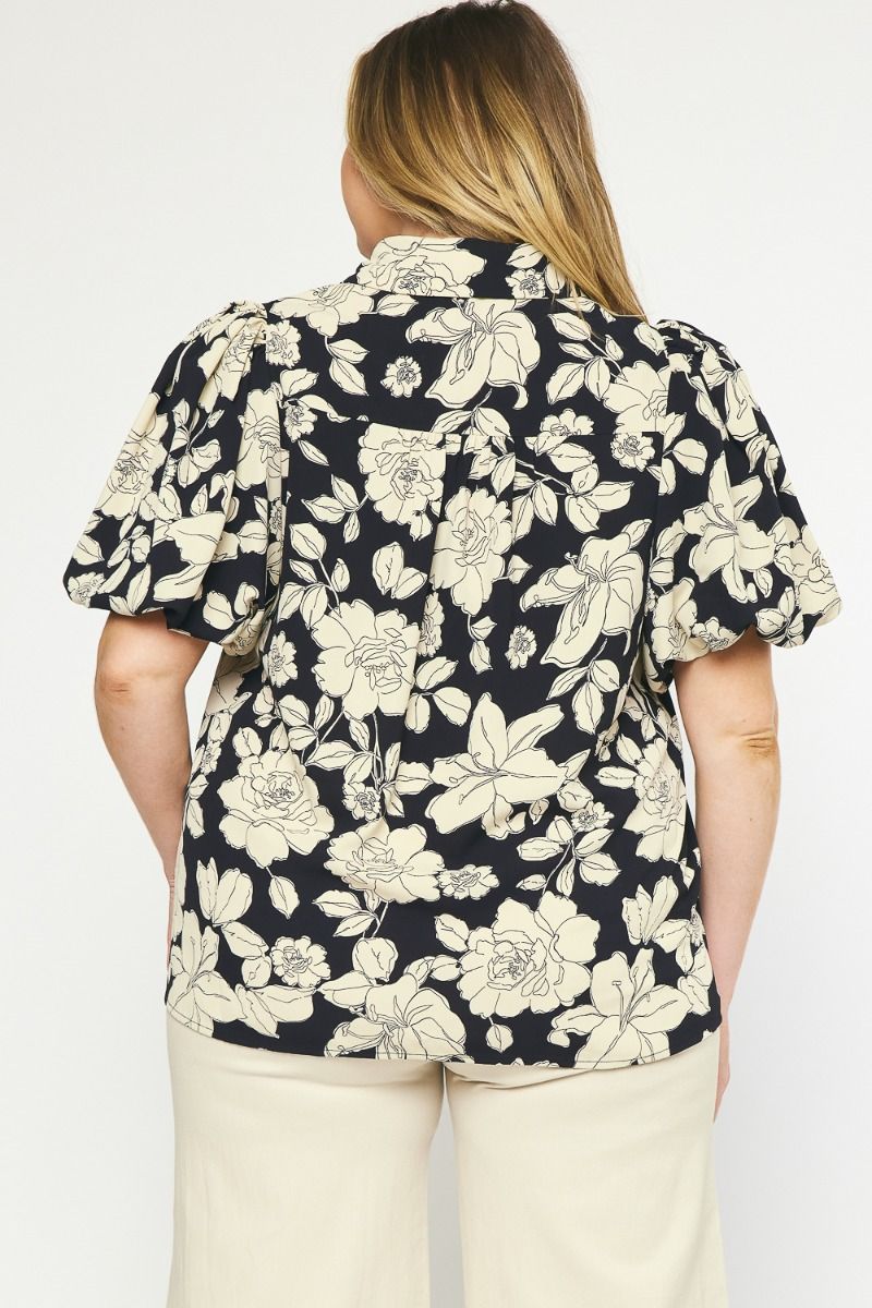 Curvy Black Floral Collared Bubble Sleeve Top