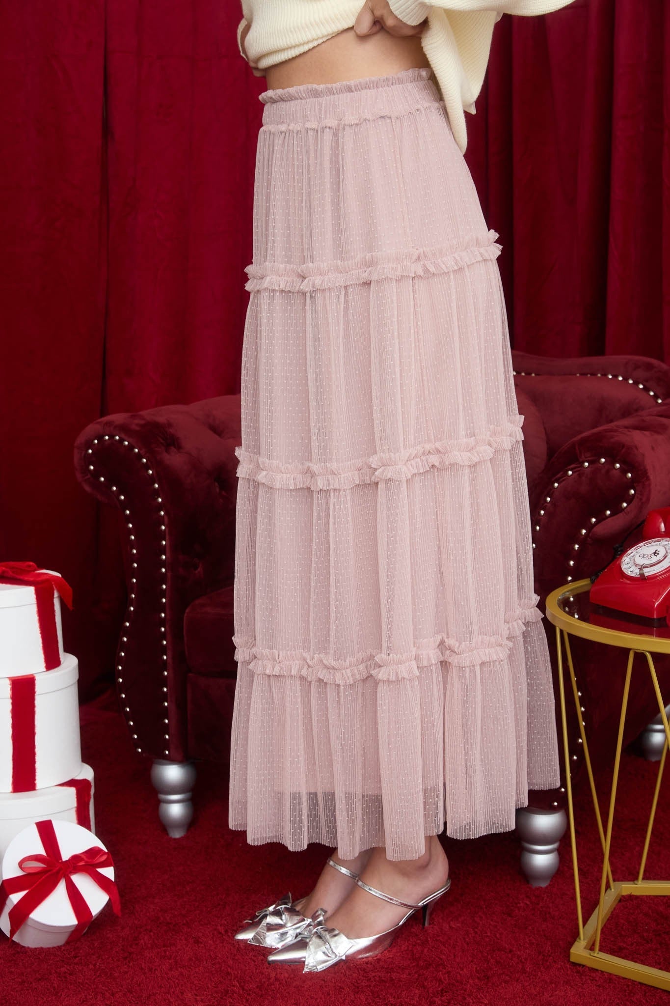 Polkadot Tulle Tiered Midi Skirt
