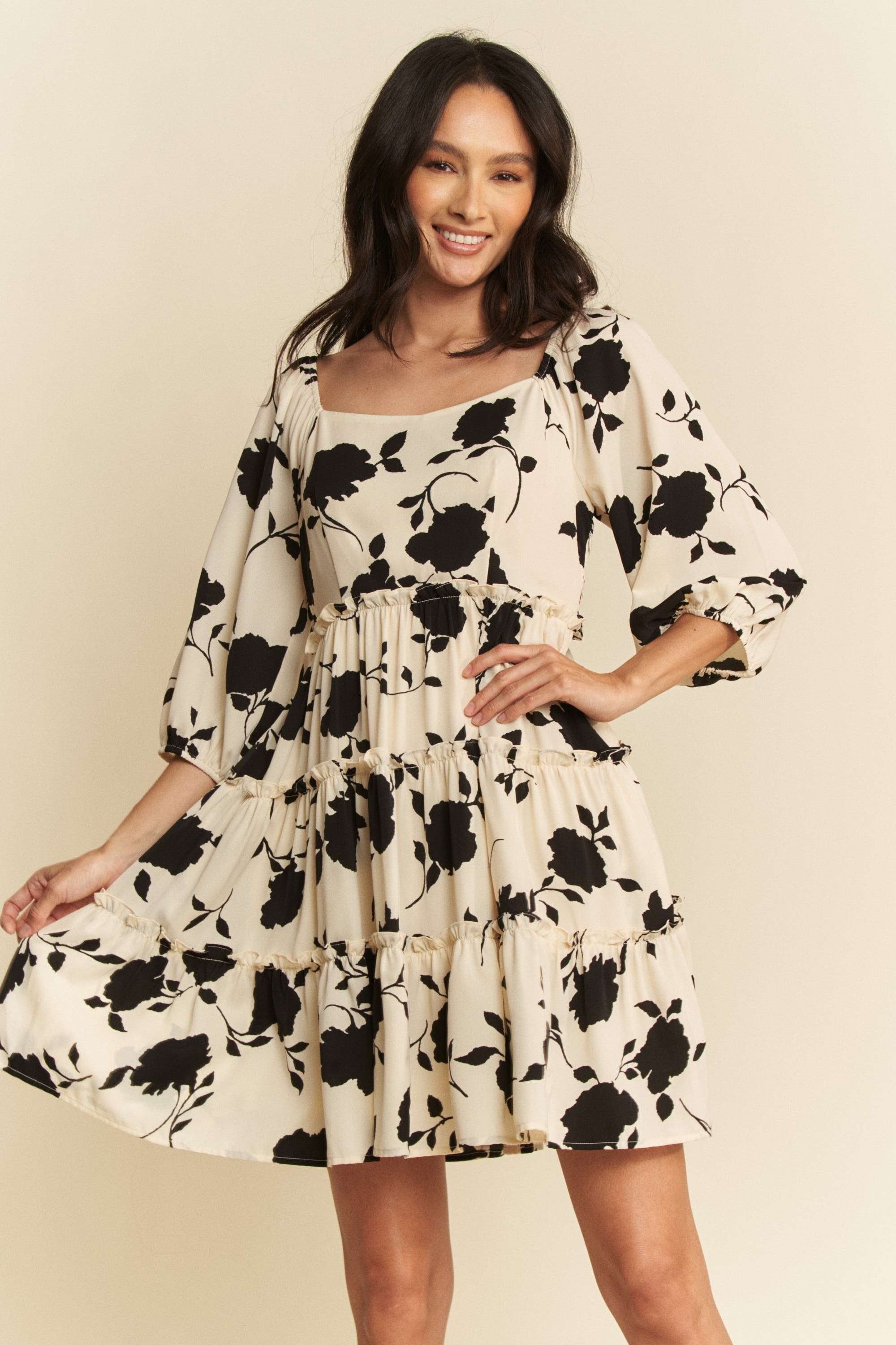 Curvy Floral Square Neck Bell Sleeve Mini Dress