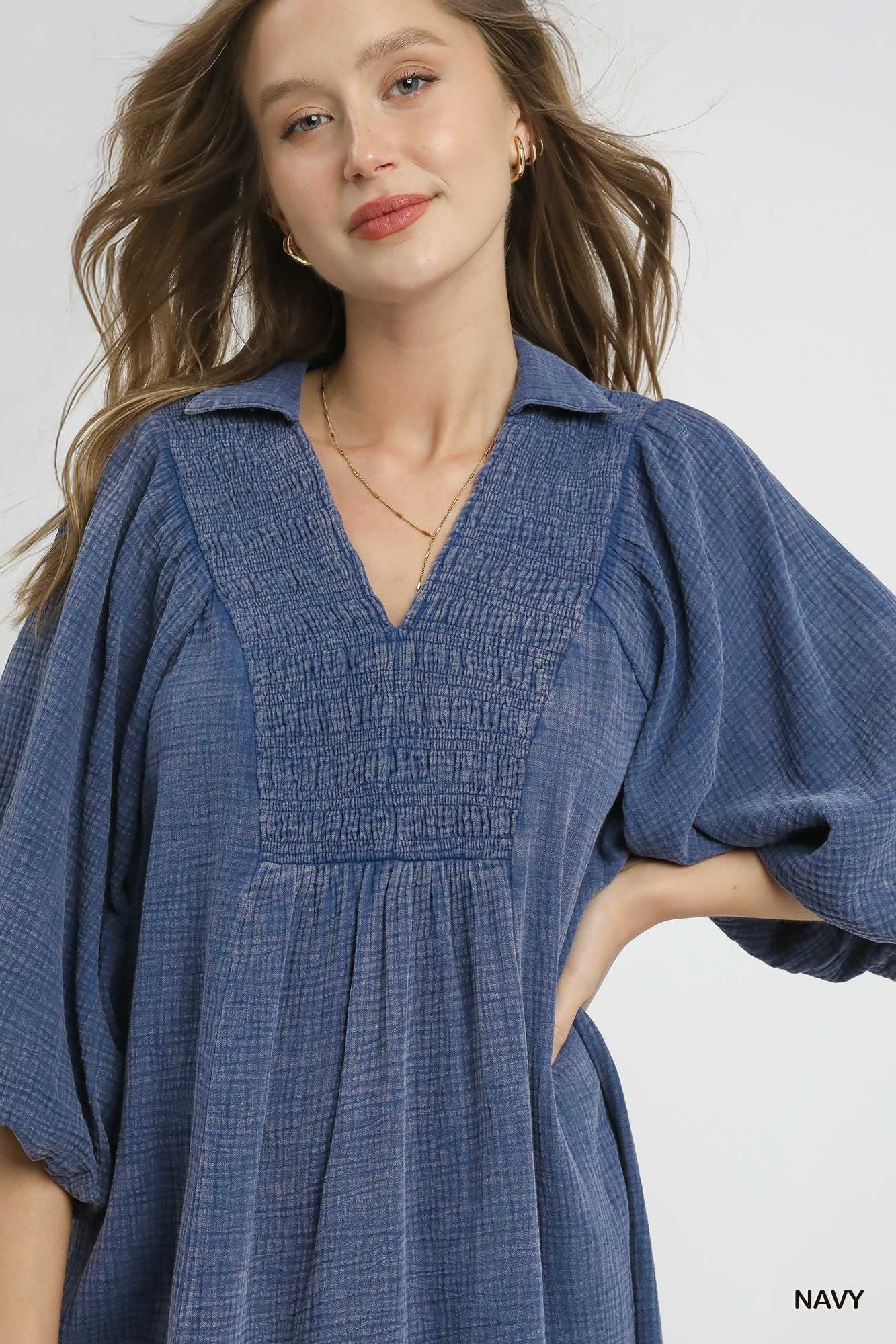 Navy Smocked Gauze Midi Dress