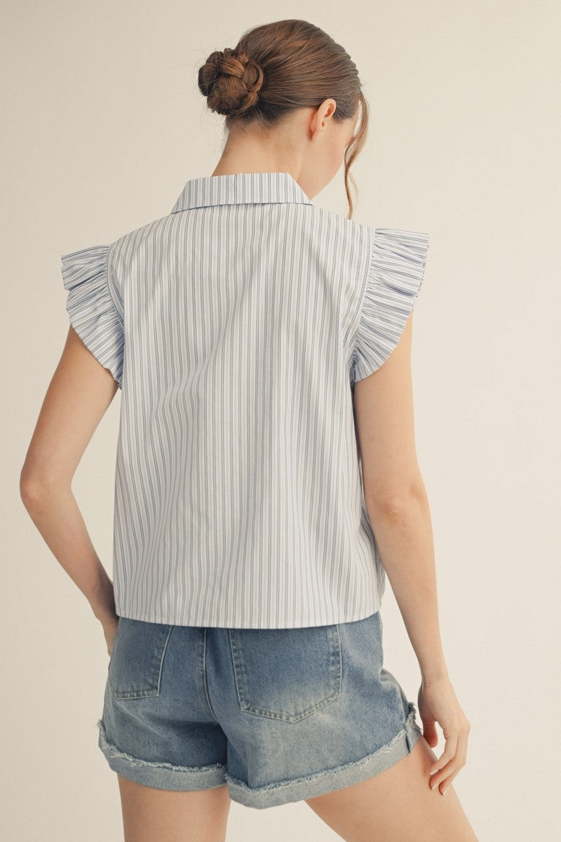 Ruffle Stripe Pearl Button Down Top