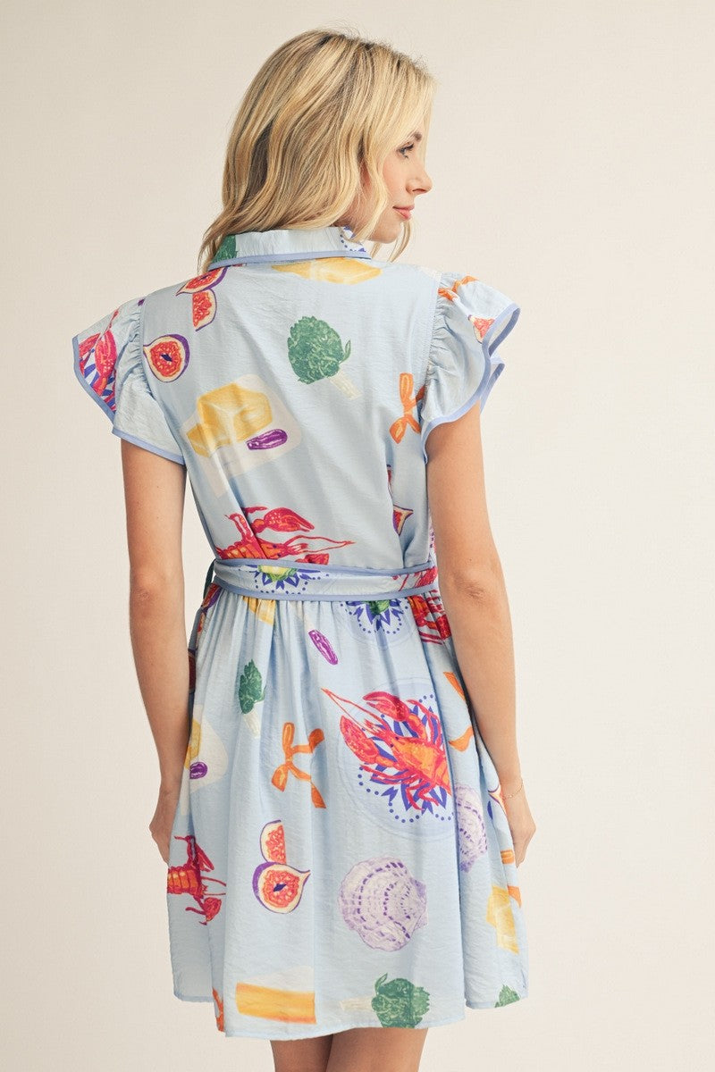 Blue Button Front Collared Lobster Dress