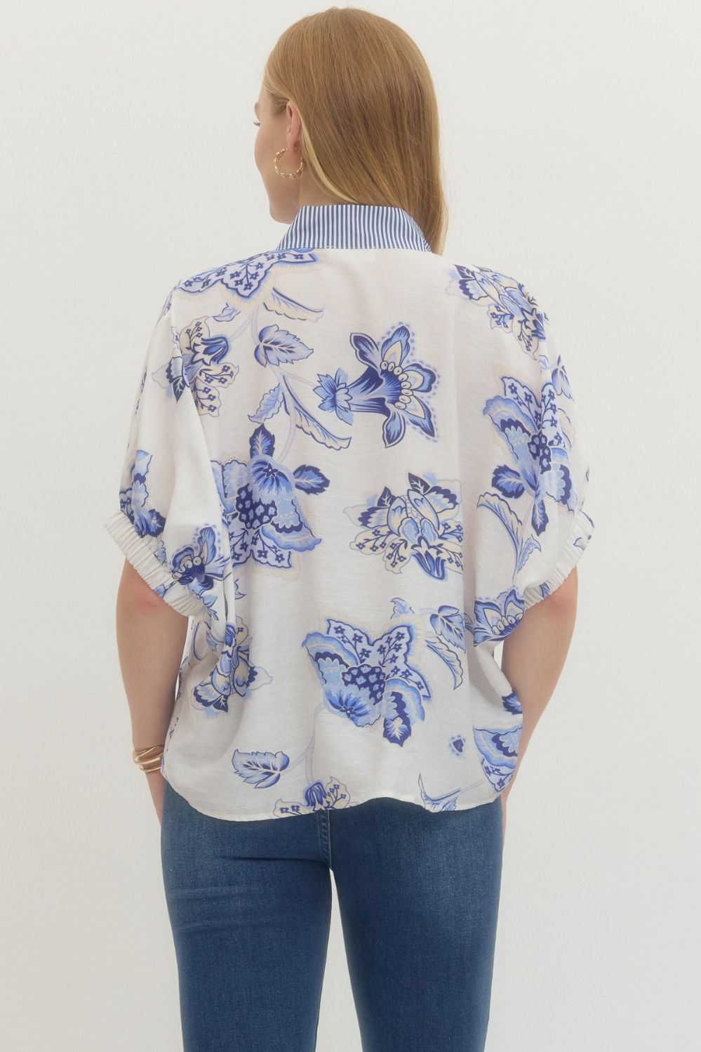 Blue Floral Dolman Contrast V-Neck Top