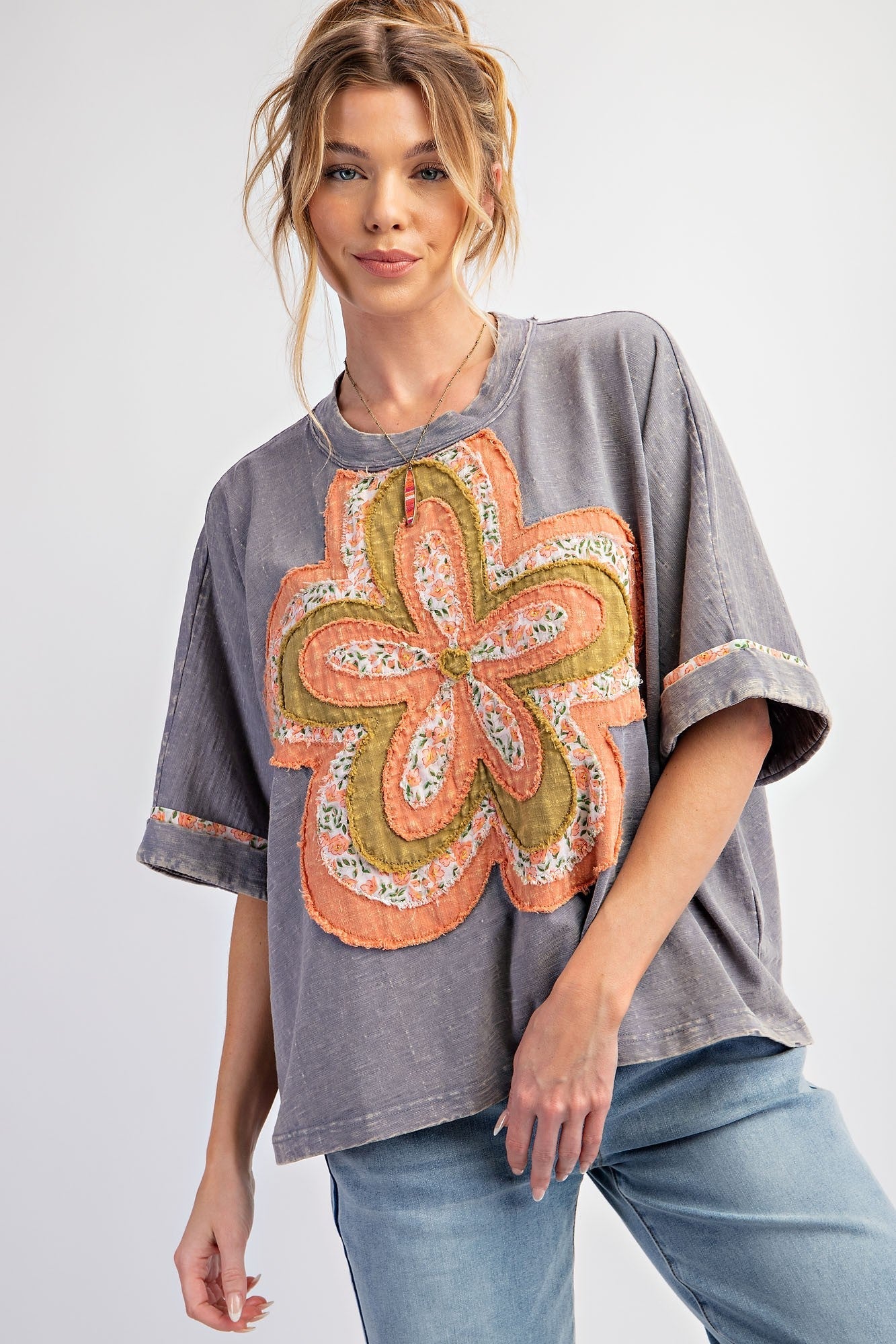 Curvy Slate Short Sleeve Top with Orange & Lime Daisy Patchwork