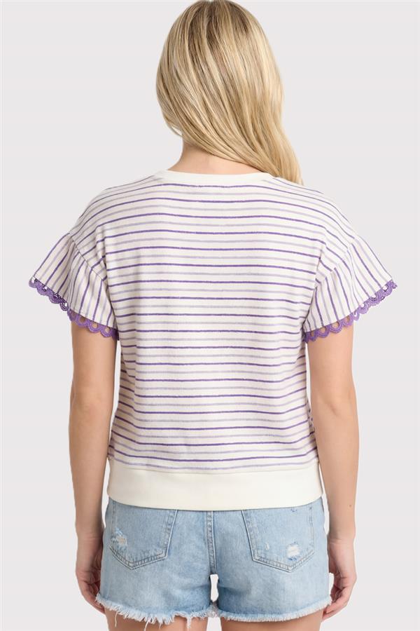Striped Embroidered Round Neck Top