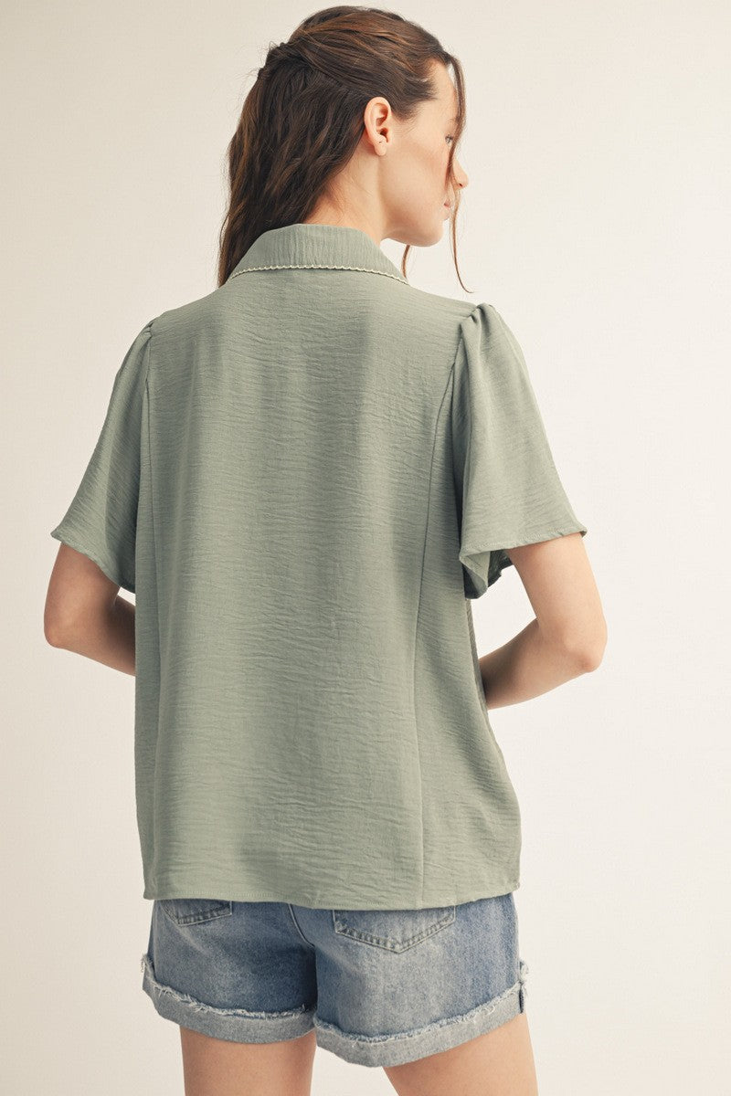 Sage Flutter Sleeve Embroidered Trim Top