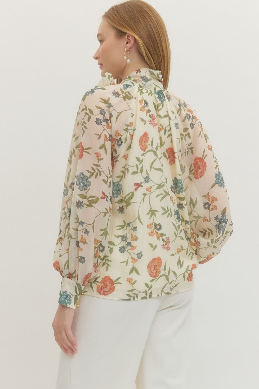 Ecru Floral Long Sleeve Tied Shirt