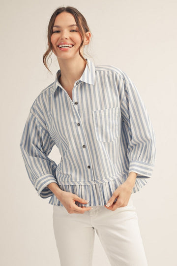 Blue and White Stripe 3/4 Sleeve Pleated Ruffle Hem Top