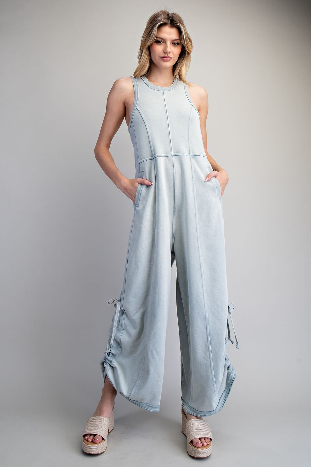 Blue Mineral Wash Cinched Leg Jumpsuit