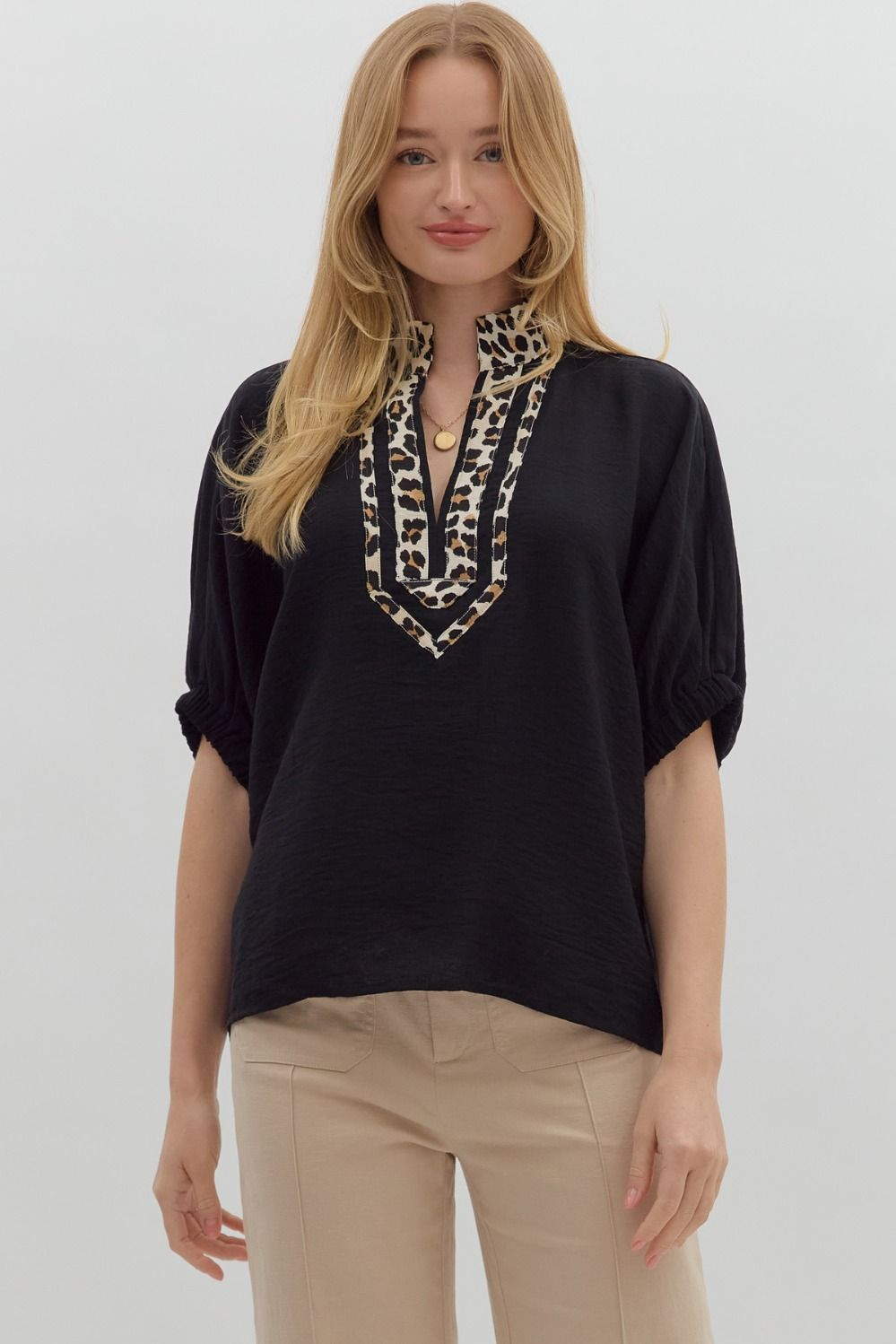 Black Puff Sleeve Shirt With Leopard Collar
