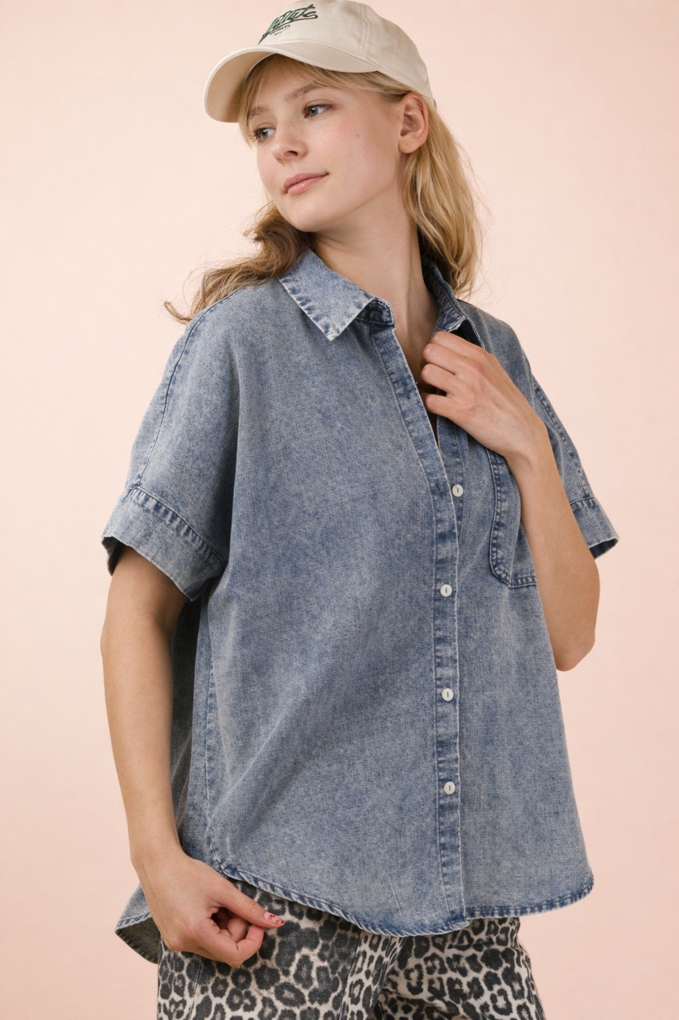 Chambray Short Sleeve Button Up Top
