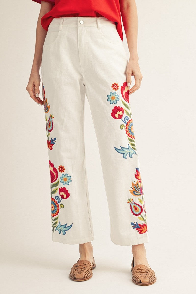 White Floral Embroidered Pants