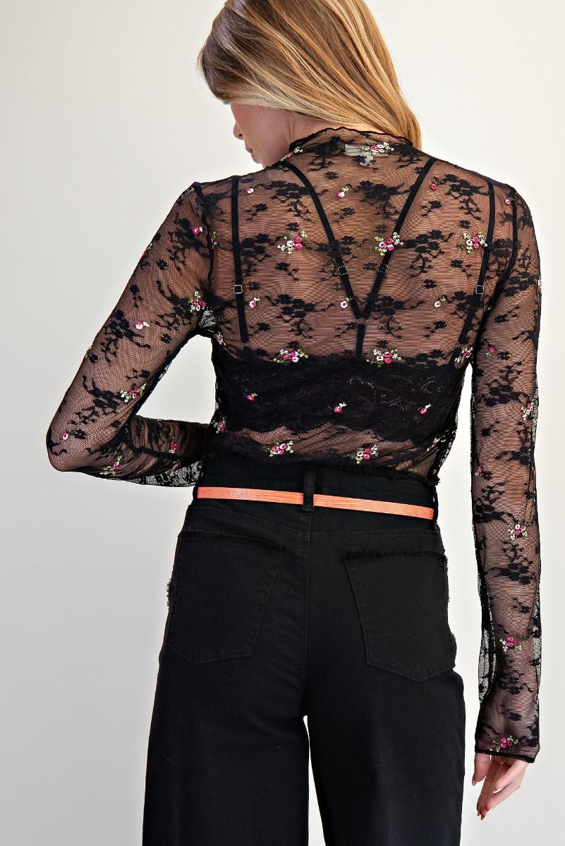 Black Floral Embroidery Mesh Top