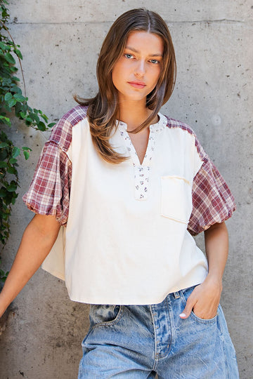 Cream and Berry Plaid Puff Sleeve Top