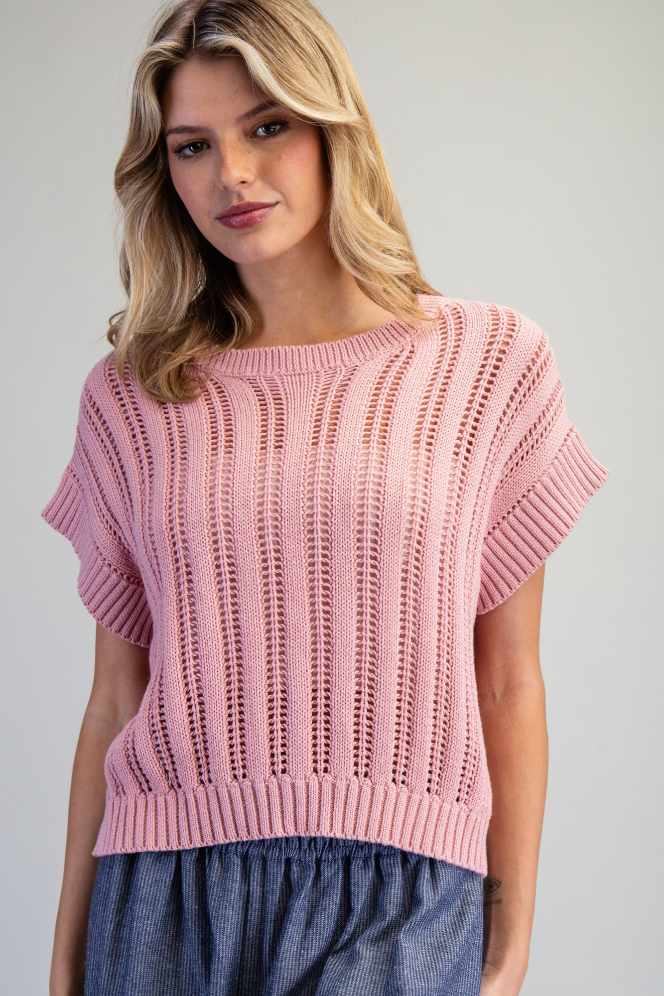 Rose Open Knit Cap Sleeve Sweater
