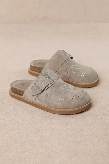 Grey Western Buckle Mules