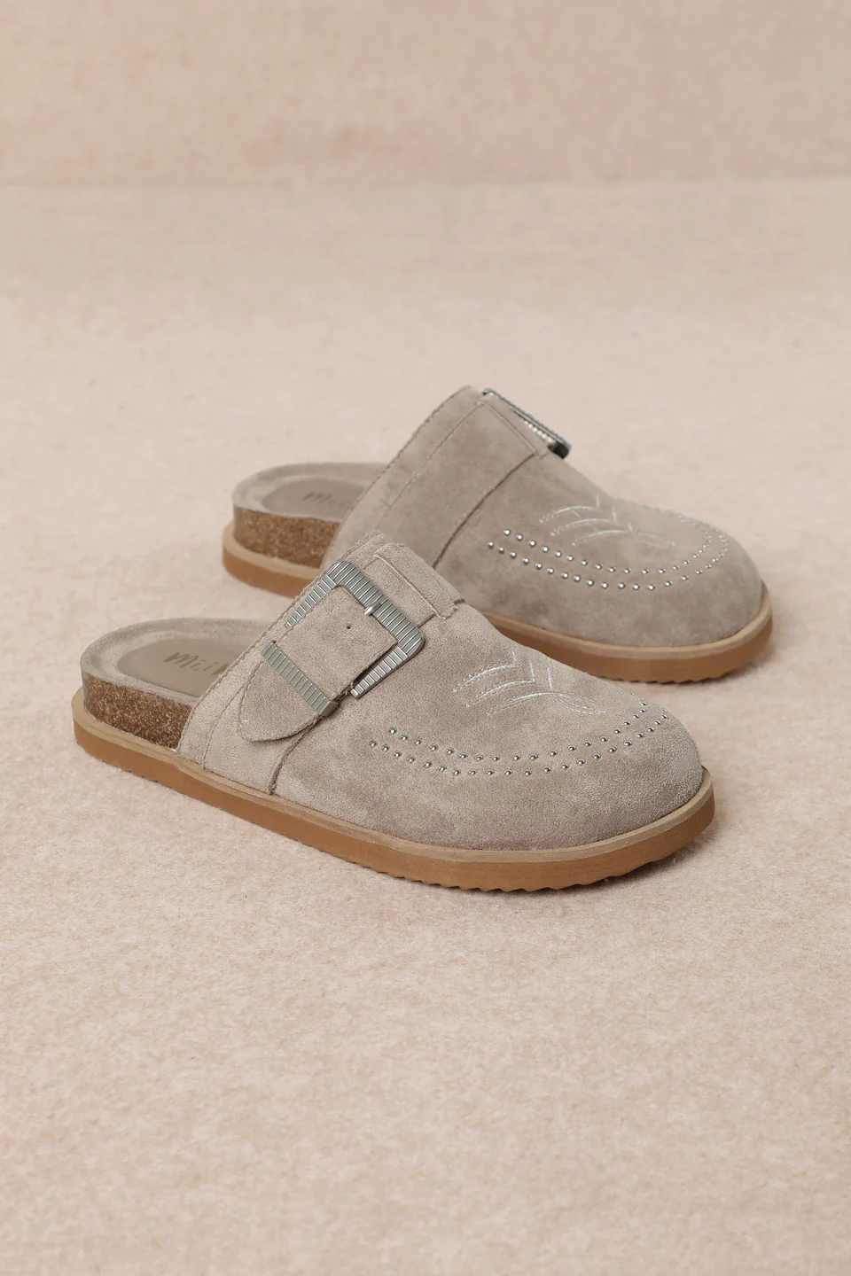 Grey Western Buckle Mules