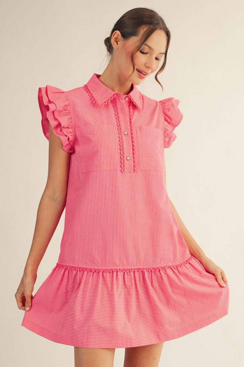 Pink Layered Ruffle Cap Sleeve Pinstripe Dress