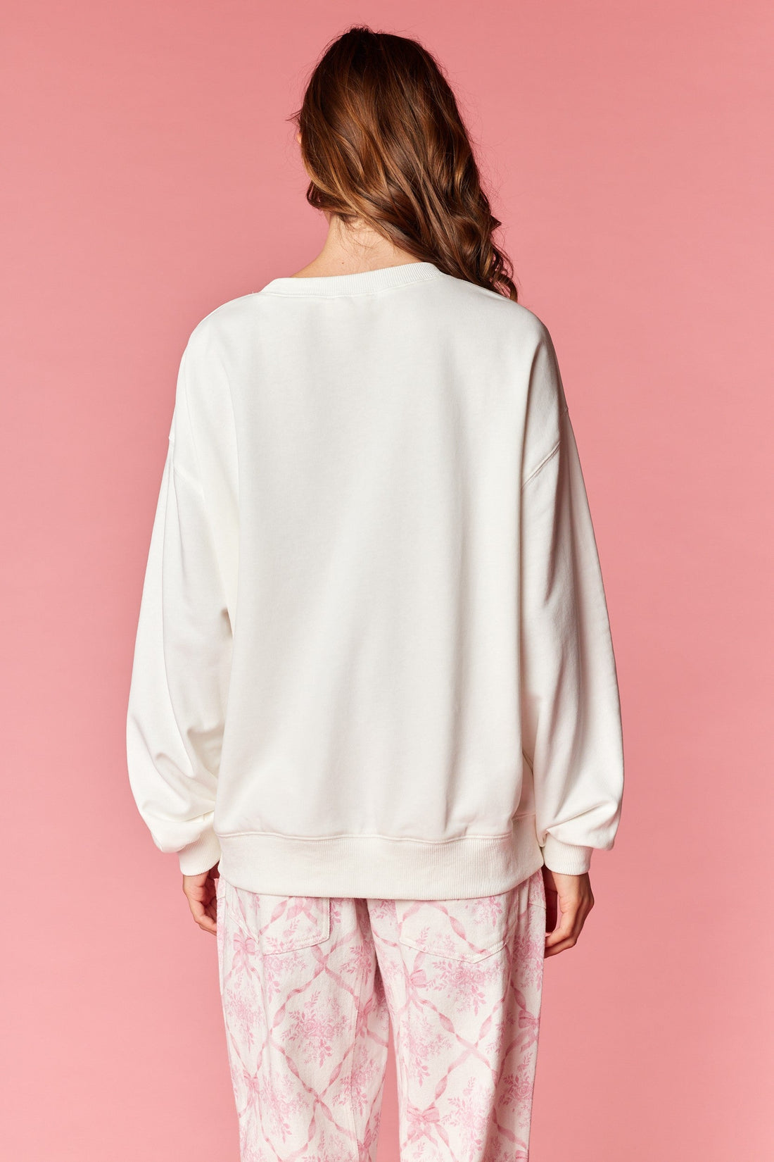 Ivory Floral Pink Bow Applique Crewneck