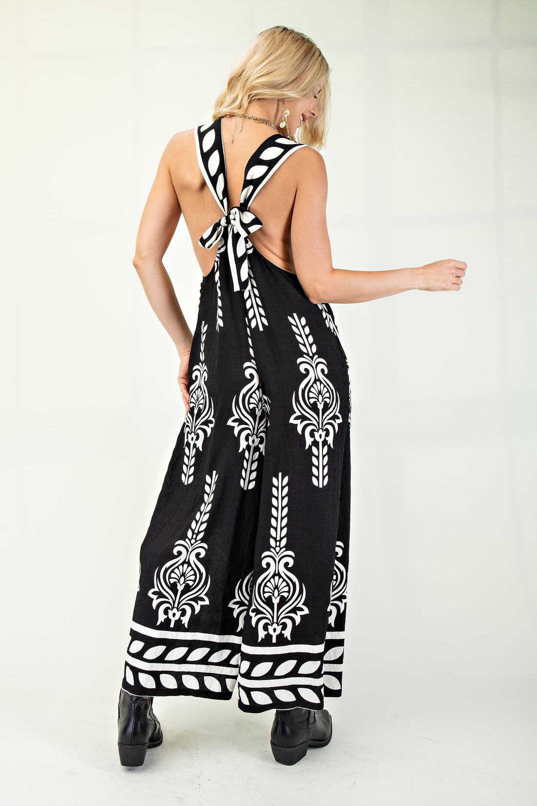 Black Romper With White Design & Tie Back