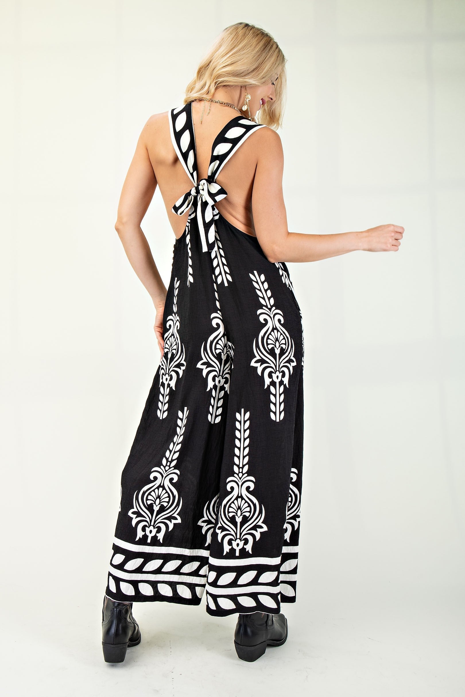 Black Romper With White Design & Tie Back